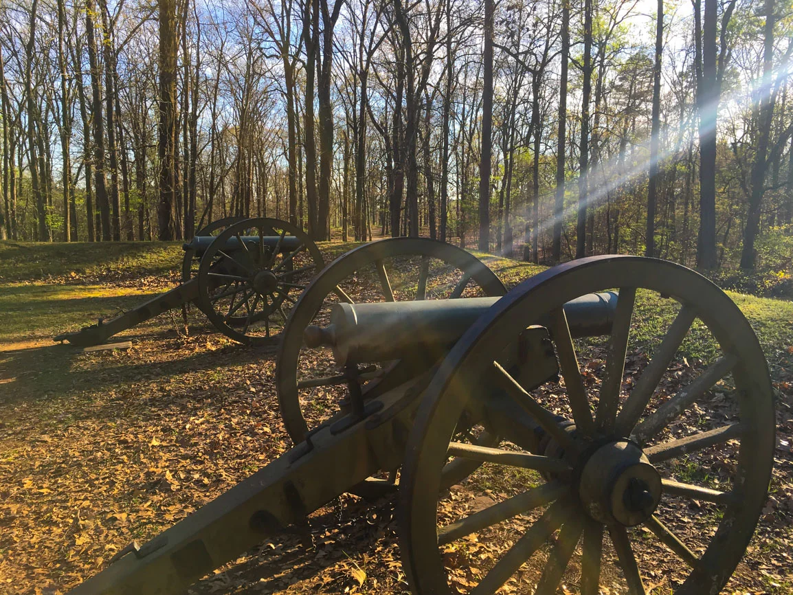 Remains of the original trenches and parapets, with replica cannons, photo by Derek Wright.
