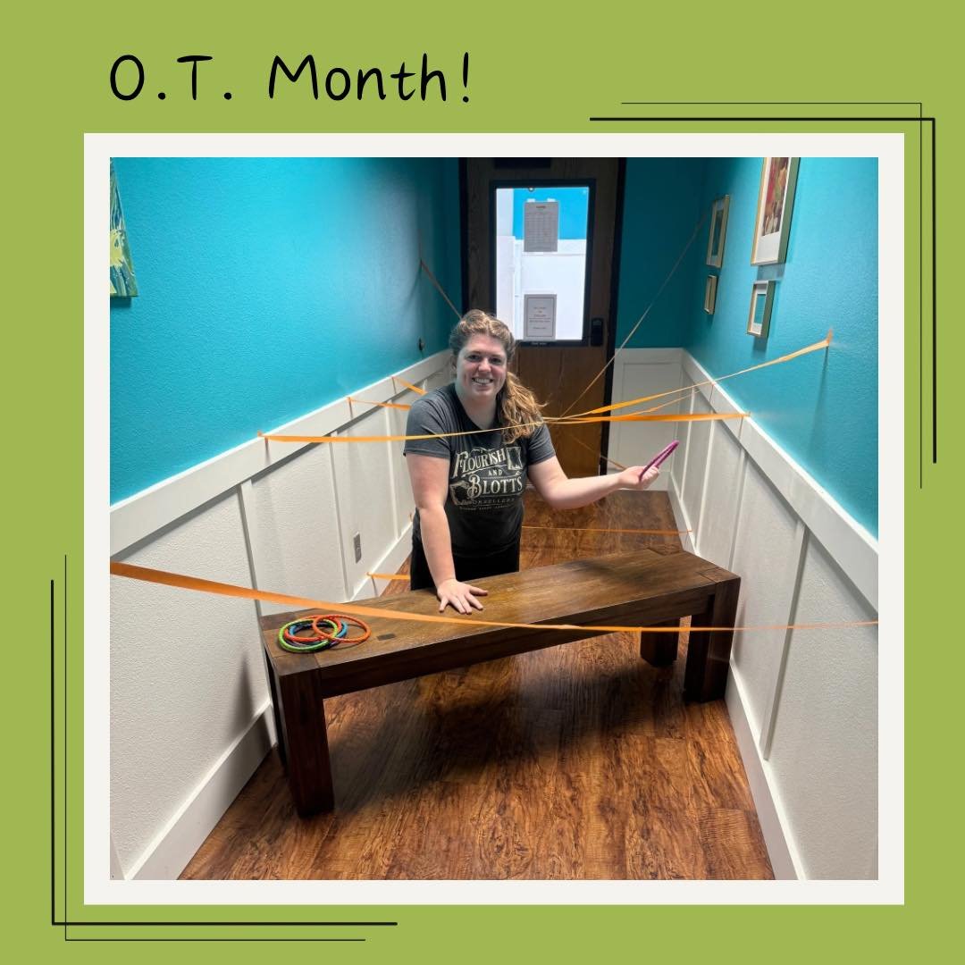 Our last featured OT this month is Shannon B! This activity makes a hallway into a fun game. Simply gather string, yarn, streamers, and tape to create a web design. Place items at either end of the hallway such as puzzle pieces and the puzzle board, 