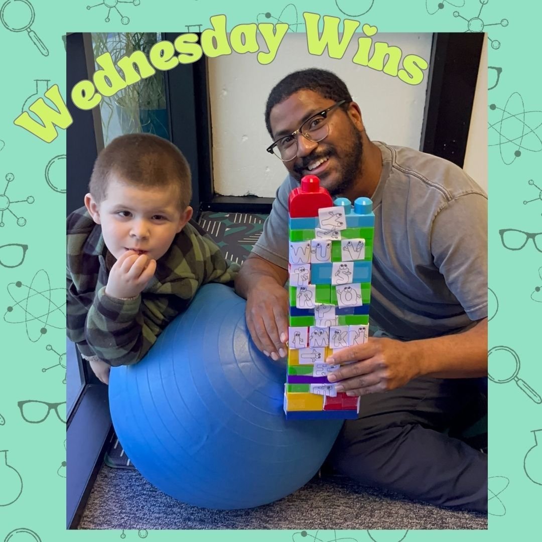 Today's Wednesday Win features Evan! With Evan's love for letters, his occupational therapist decided to utilize letters on the sides of Lego blocks to build a tall alphabet tower! Evan located all the letters placed across the floor and completed th