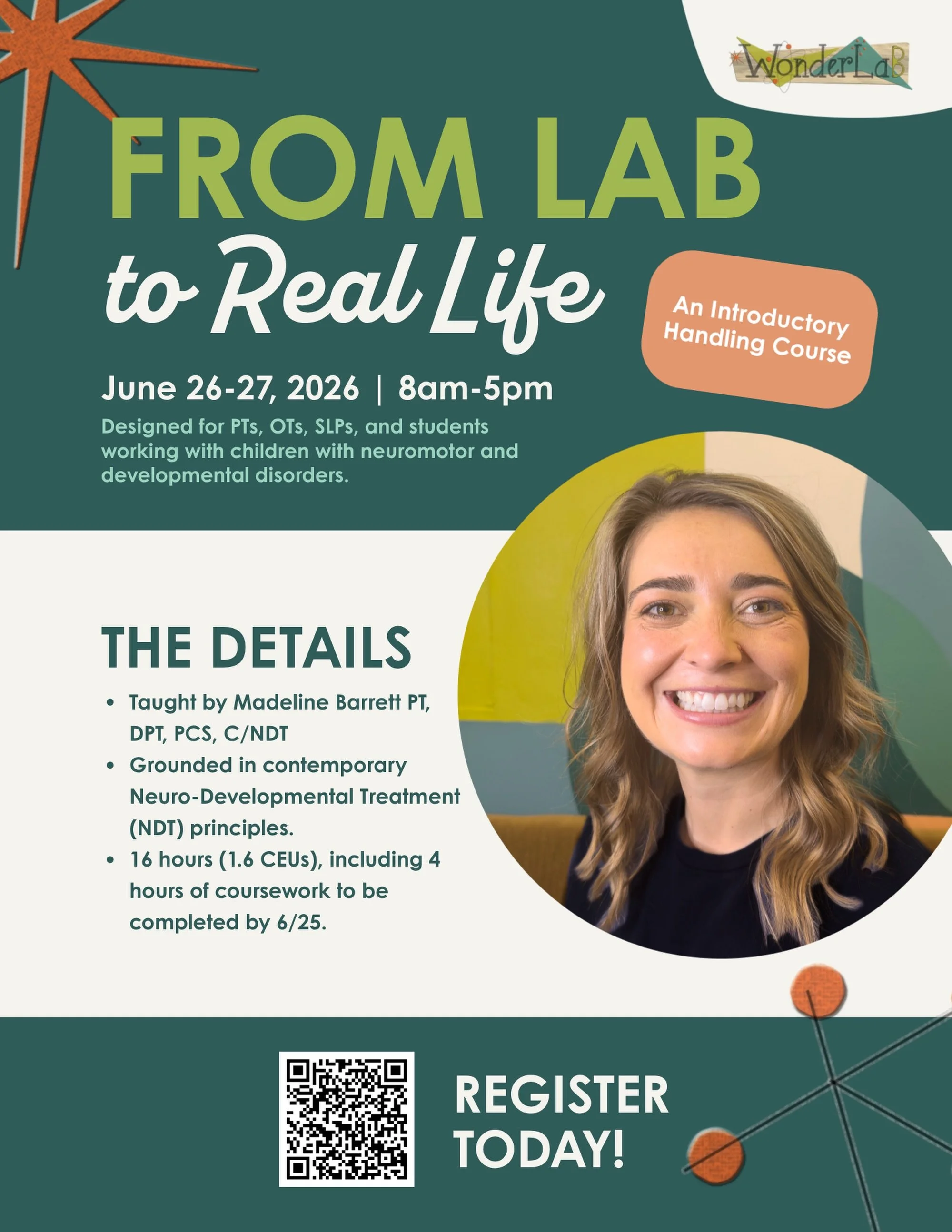 Exciting Announcement!📣🤓

WonderLab&rsquo;s very own PT Manager is teaching an introductory handling course for PTs, OTs, SLPs, and students of those disciplines! Here are the details:

⭐️ June 26-27, 8am-5pm, with 4 hours of coursework to be compl