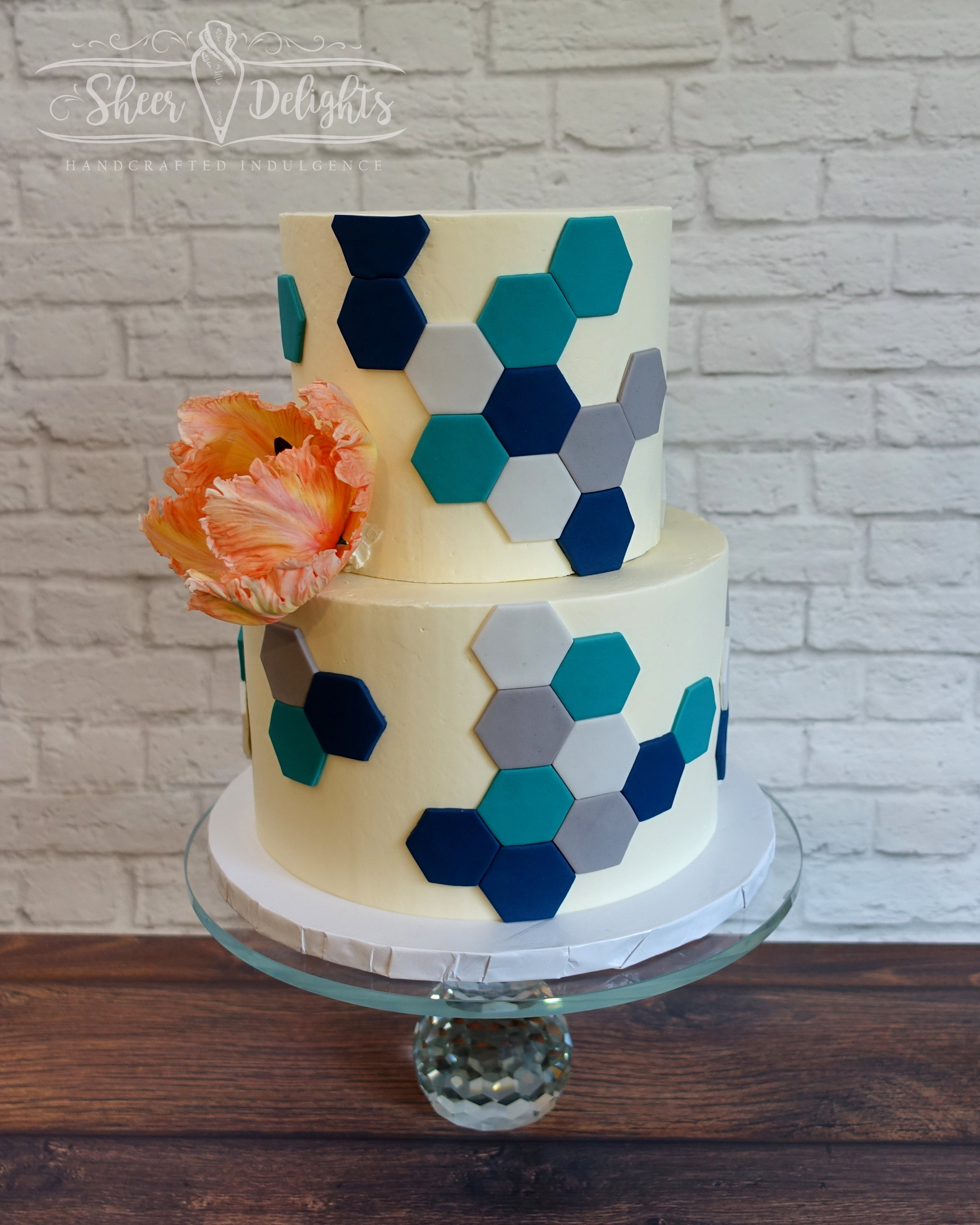 Parrot Tulip Blue and Teal Hexagon Wedding Cake