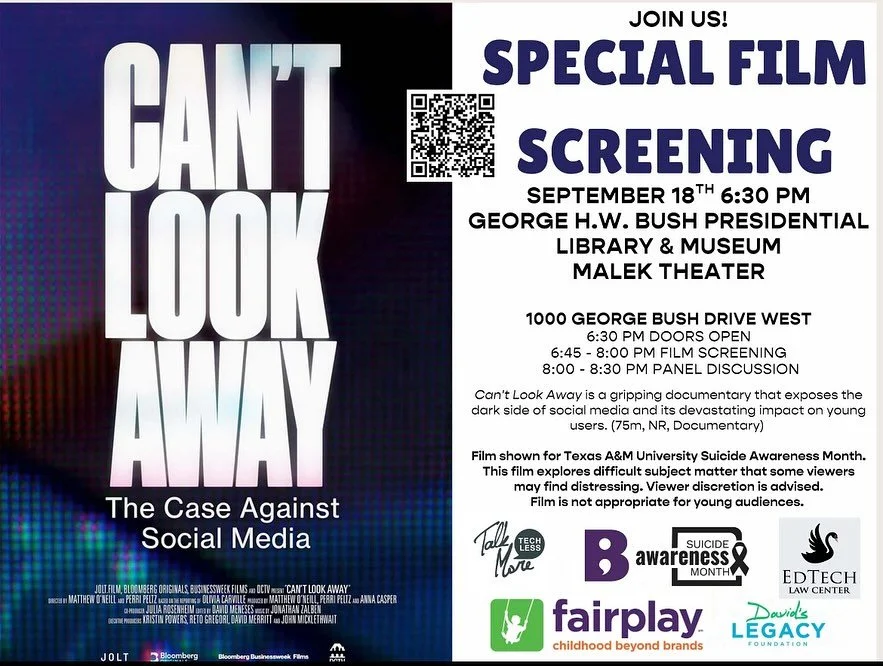 🎬 Free Film Screening + Panel | Sept. 18 | College Station, TX 

Join us for CAN&rsquo;T LOOK AWAY - a powerful documentary exposing how the tech industry is failing to protect our kids online.

I&rsquo;m honored to be moderating a panel with legal 