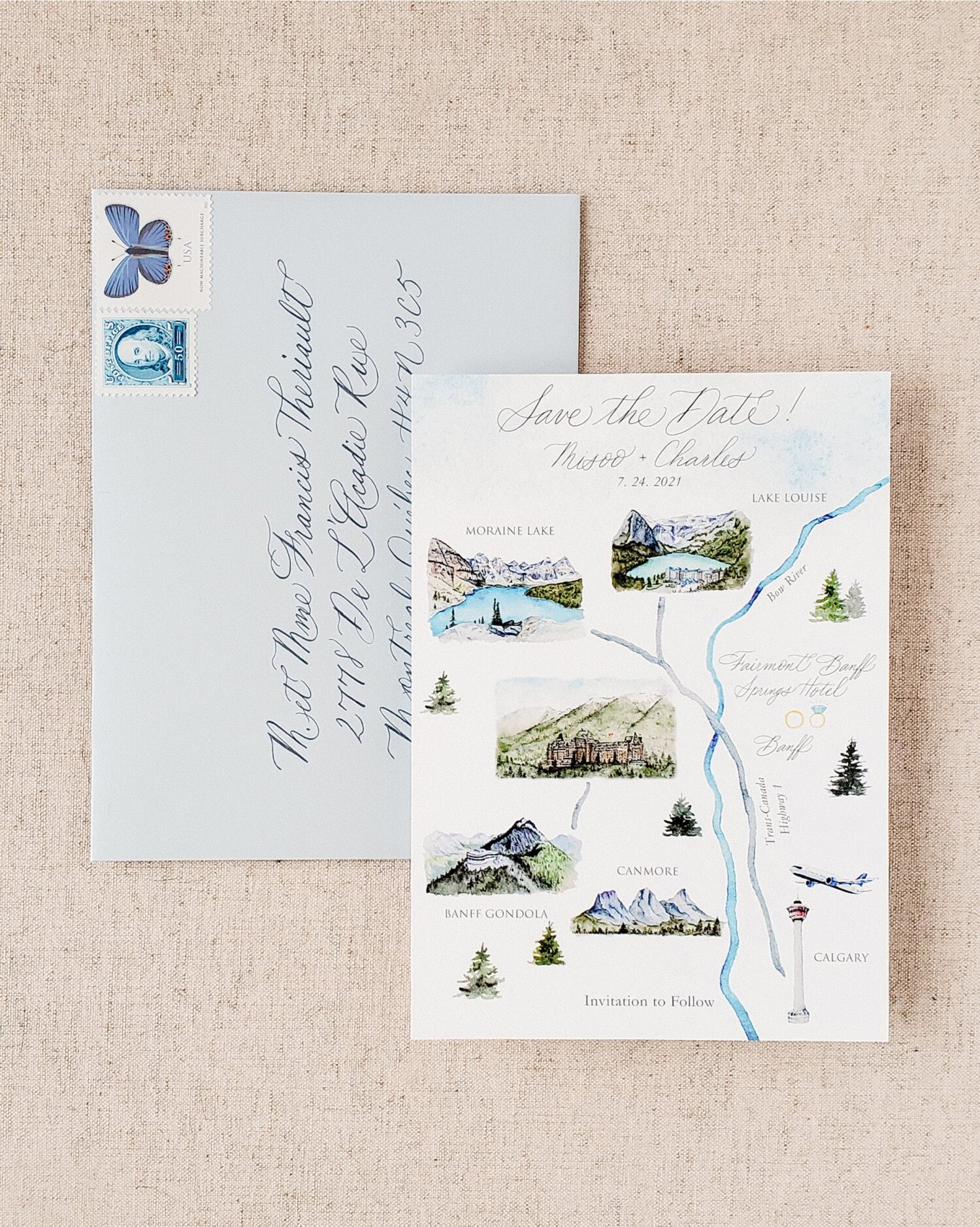 Calgary Banff Wedding Watercolor Invitation Calligraphy