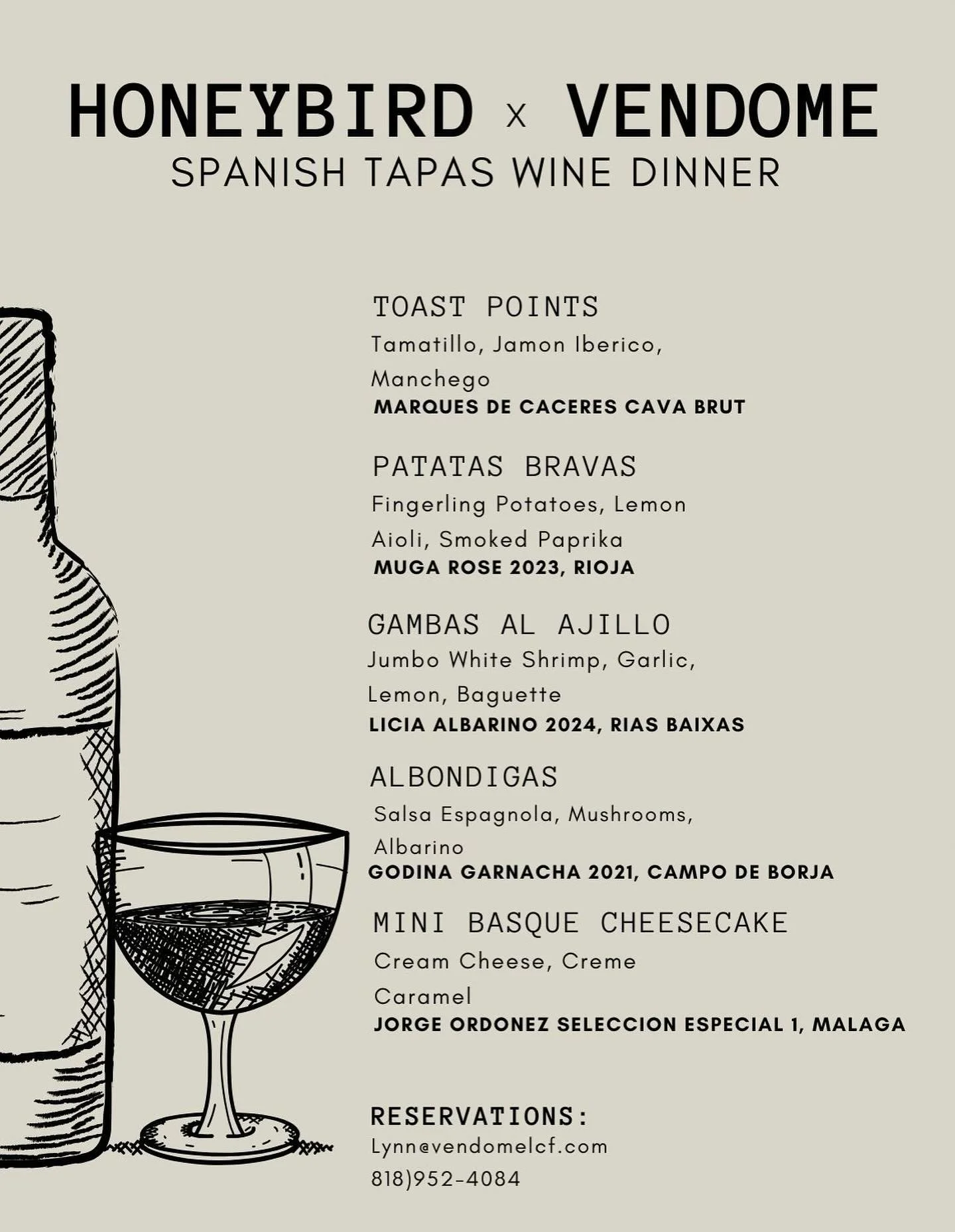 A special night this Wednesday with our neighbor, Vendome Wine & Spirits - enjoy an amazing selection of wine paired with Spanish Tapas by Chef Phil!  You must RSVP by contacting Lynn at Vendome. 
Full menu with wine pairing will be $69. 
Oct 2