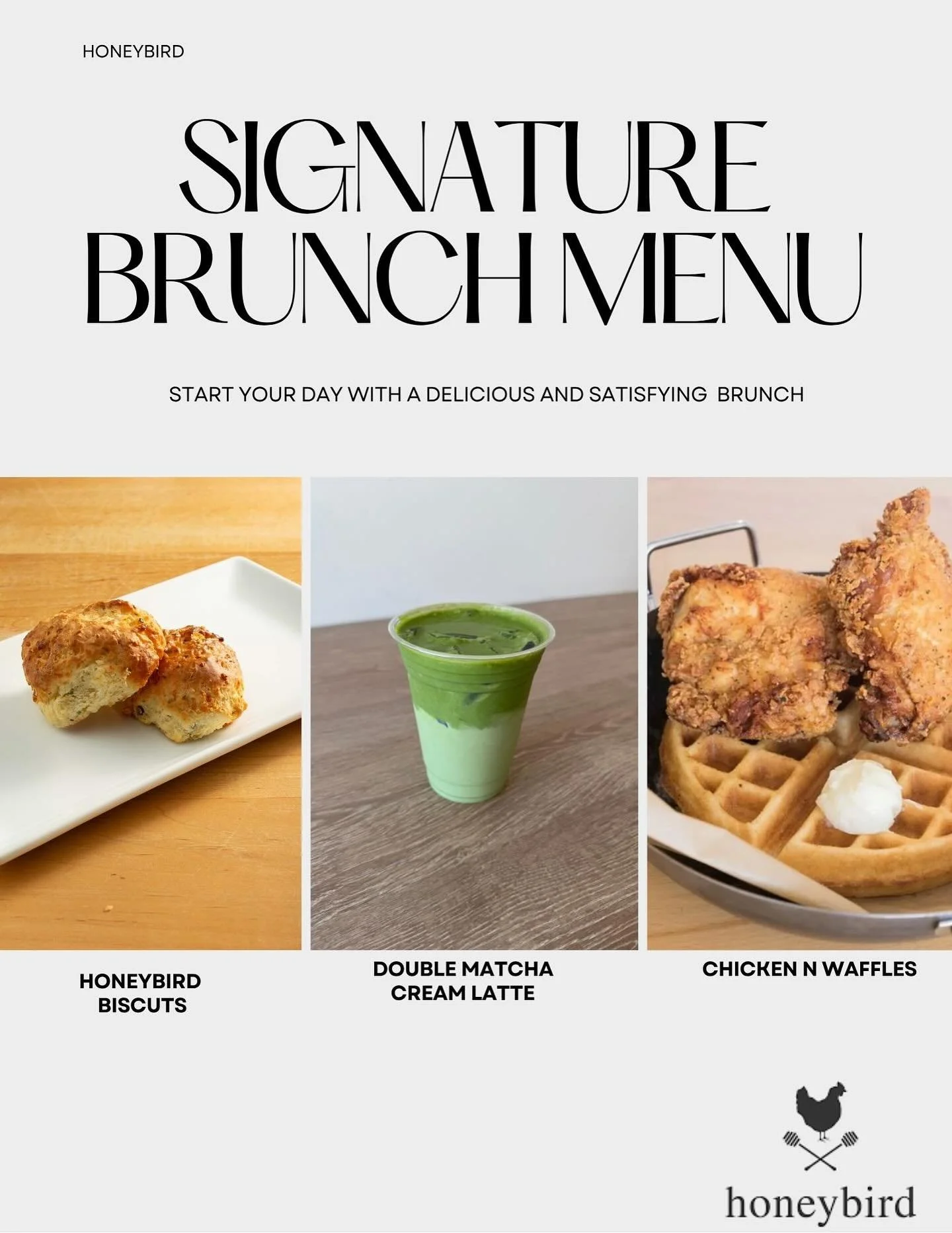 The brunch line-up you didn’t know you needed 😋 #honeybirdla #brunch #labrunch #goodeats #matcha #biscuts #chickenandwaffles #lafoodies #familybrunch #lacanadaflintridge #losangeles #losangelesrestaurants