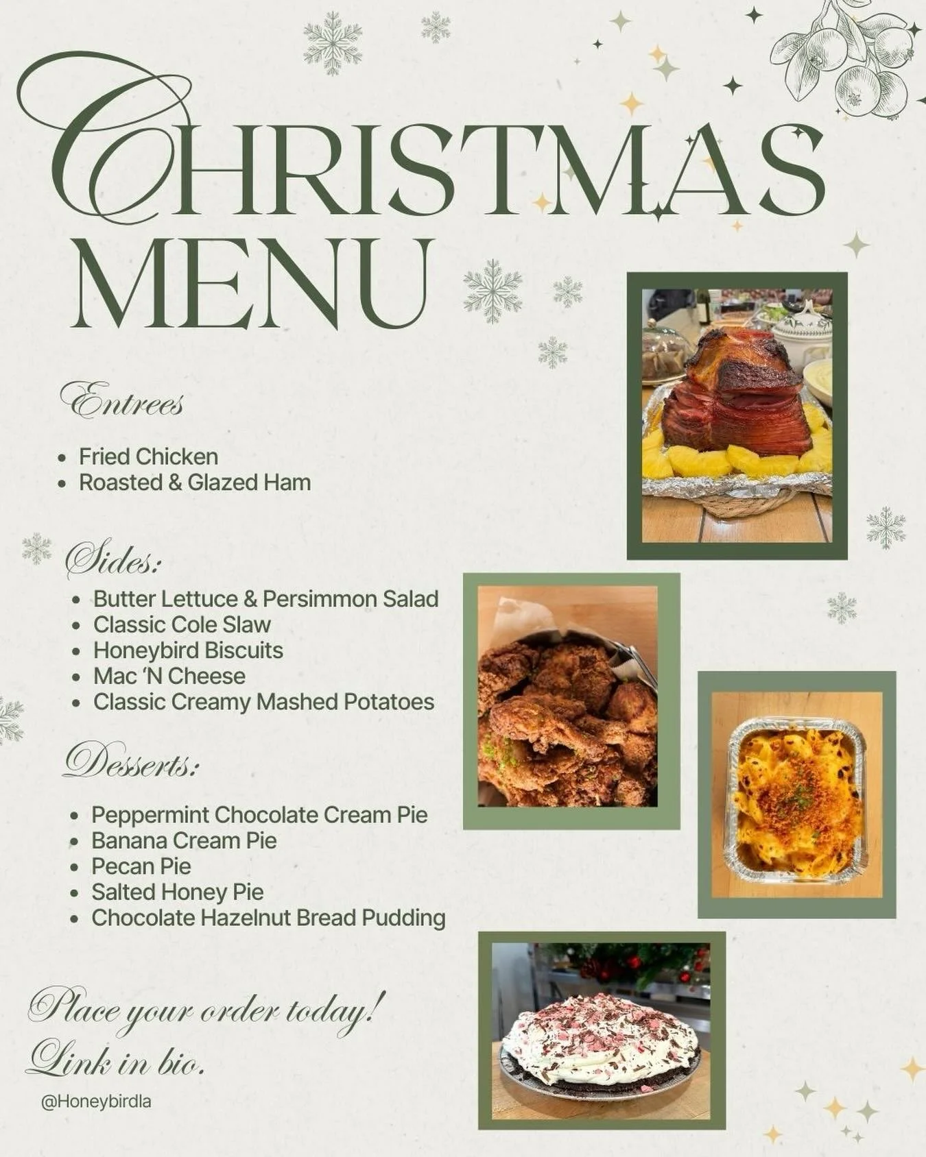 Tis the season to feast! ✨
Our Christmas Menu is officially LIVE &mdash; from crispy fried chicken to roasted &amp; glazed ham, cozy sides, and festive pies.
Place your order today using the link in our bio and make your holiday table extra special! 