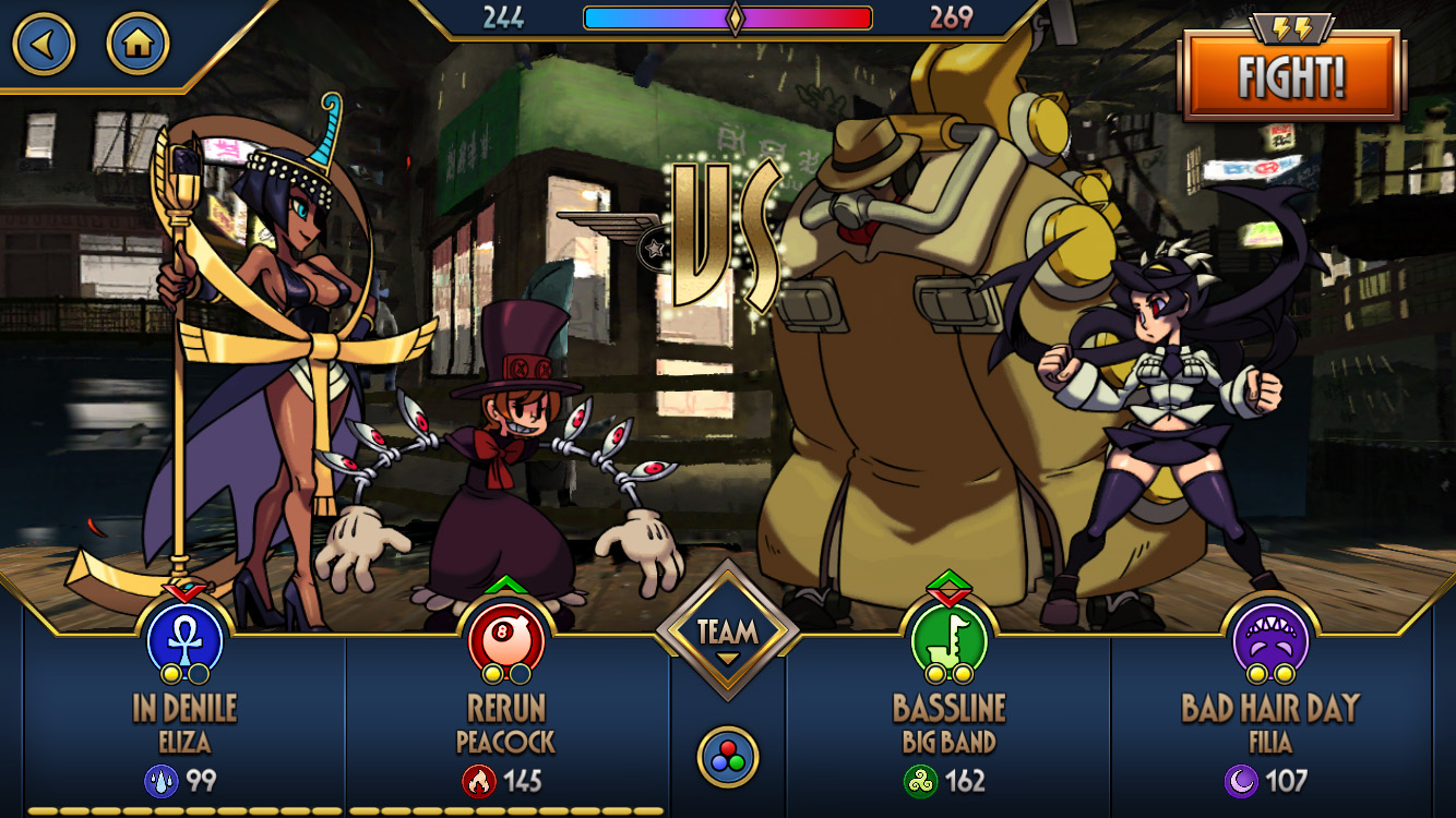 Screenshots from Skullgirls Mobile. I provided direction to artists, notes, and paint-overs as well as creating and cleaning up 2D art assets and 3D models and textures. Art created in part by my art team and myself. © Hidden Variable / Lab Zero