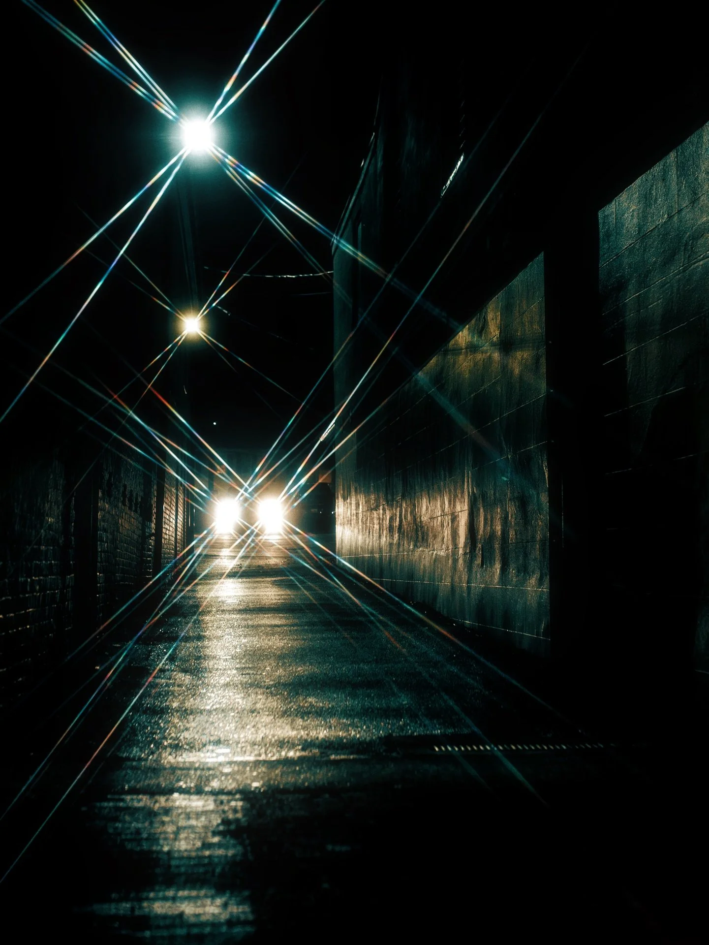 Nighttime scene of an alleyway illuminated by car headlights with starburst effect, wet pavement reflecting light, and dark buildings on either side.
