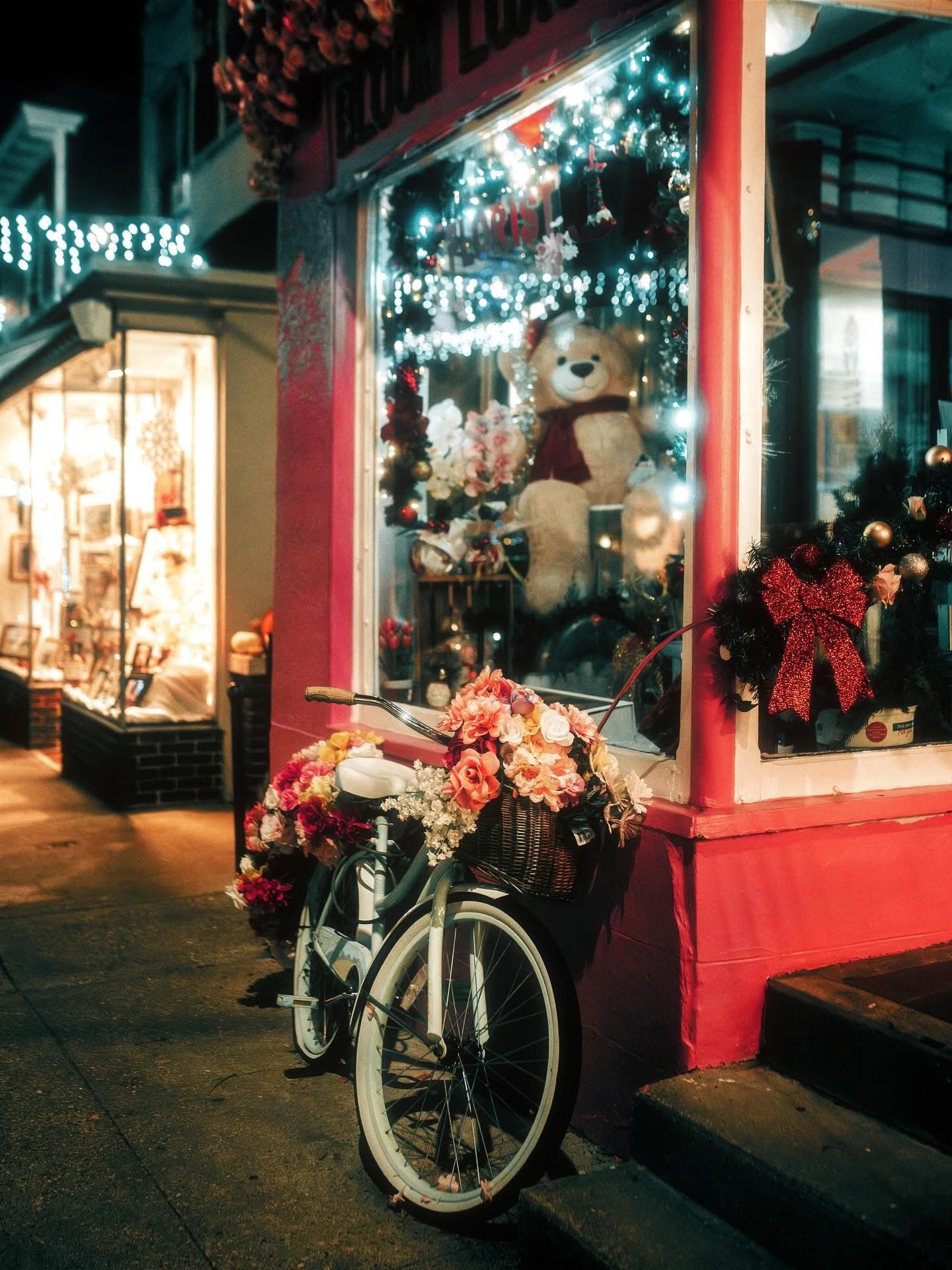A storefront decorated for Christmas with a large teddy bear in the window, glowing string lights, and holiday ornaments. A bicycle with a basket of flowers is parked outside.
