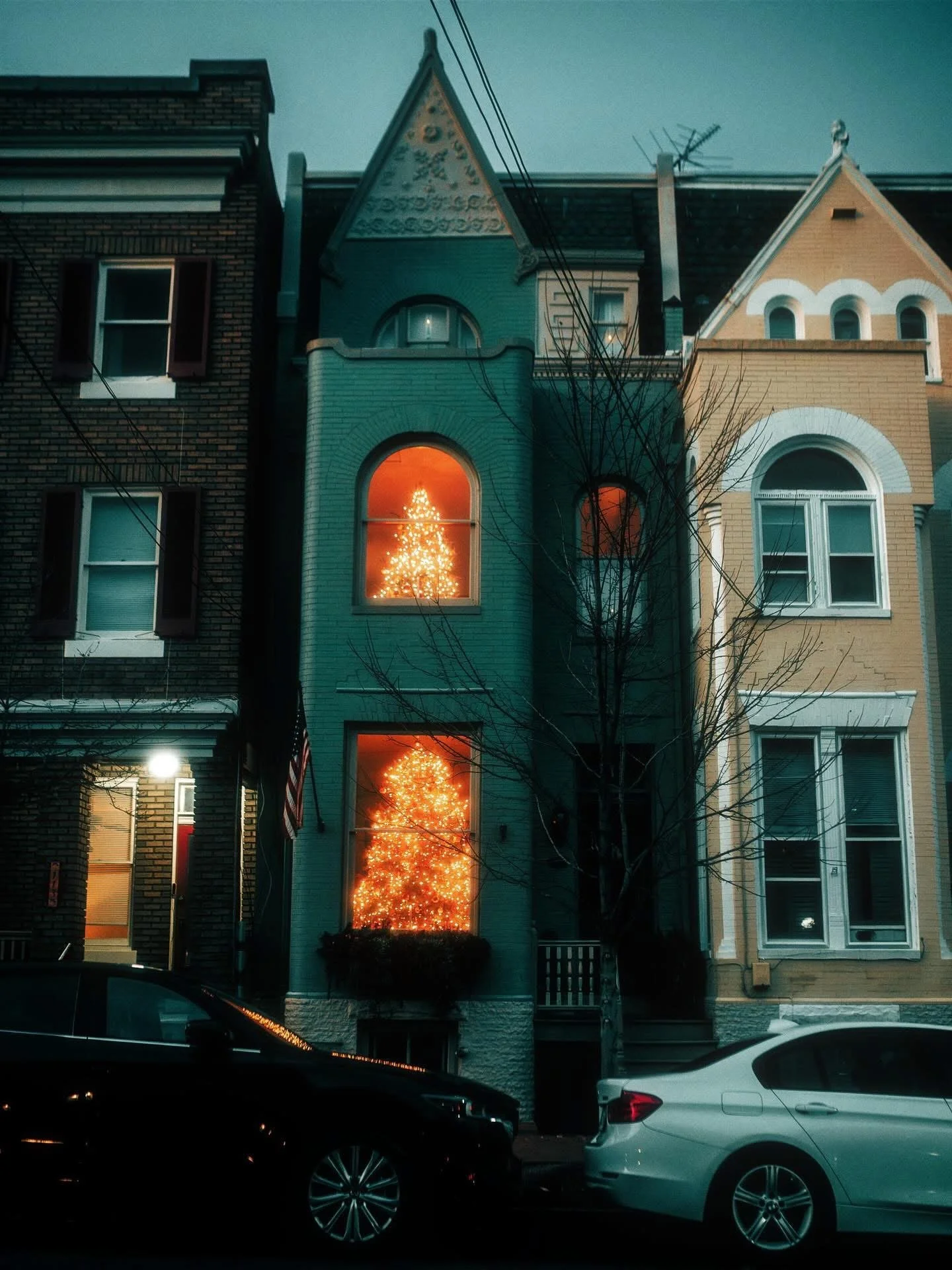 Three-story row house decorated for Christmas with two illuminated Christmas trees visible through its bay windows, one on each of the middle and lower floors, with a bare tree in front.