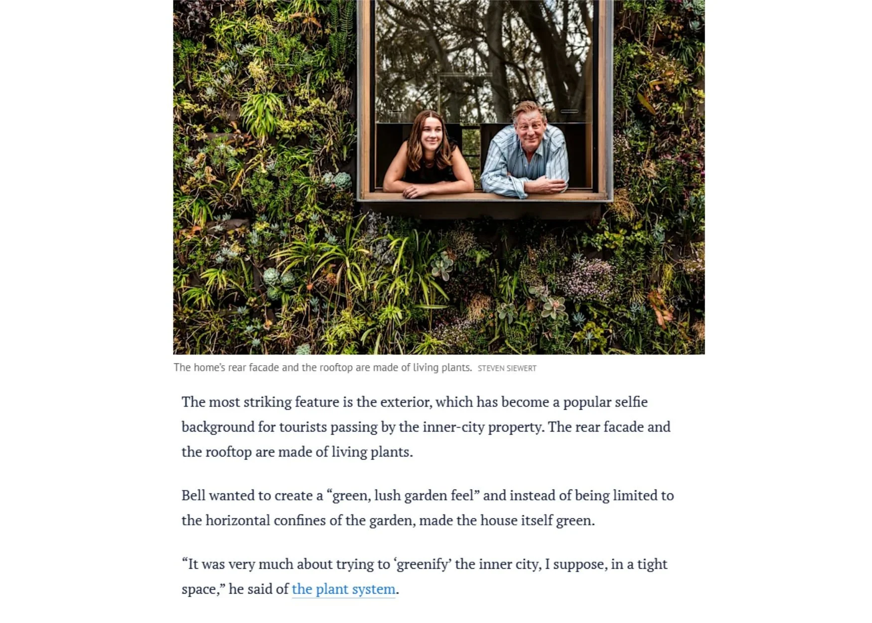 Nick Bell and Charlie Bell photographed within the green wall at Pink House Green House in Surry Hills following feature coverage in The Sydney Morning Herald.