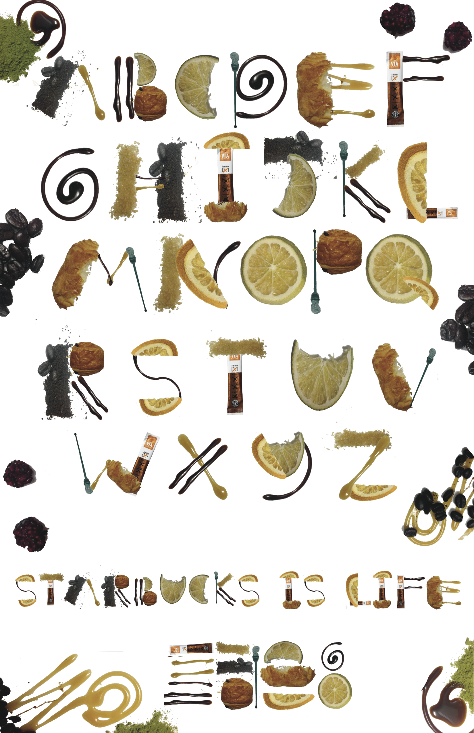 Starbucks Modular Typography Project // Cornish College of the Arts Typography project to design a typeface made up of repeated elements to make a modular typeface. Made up of photographed ingredients, elements and items found at a Starbucks cafe, that were then photoshopped and designed to make the finished typeface.