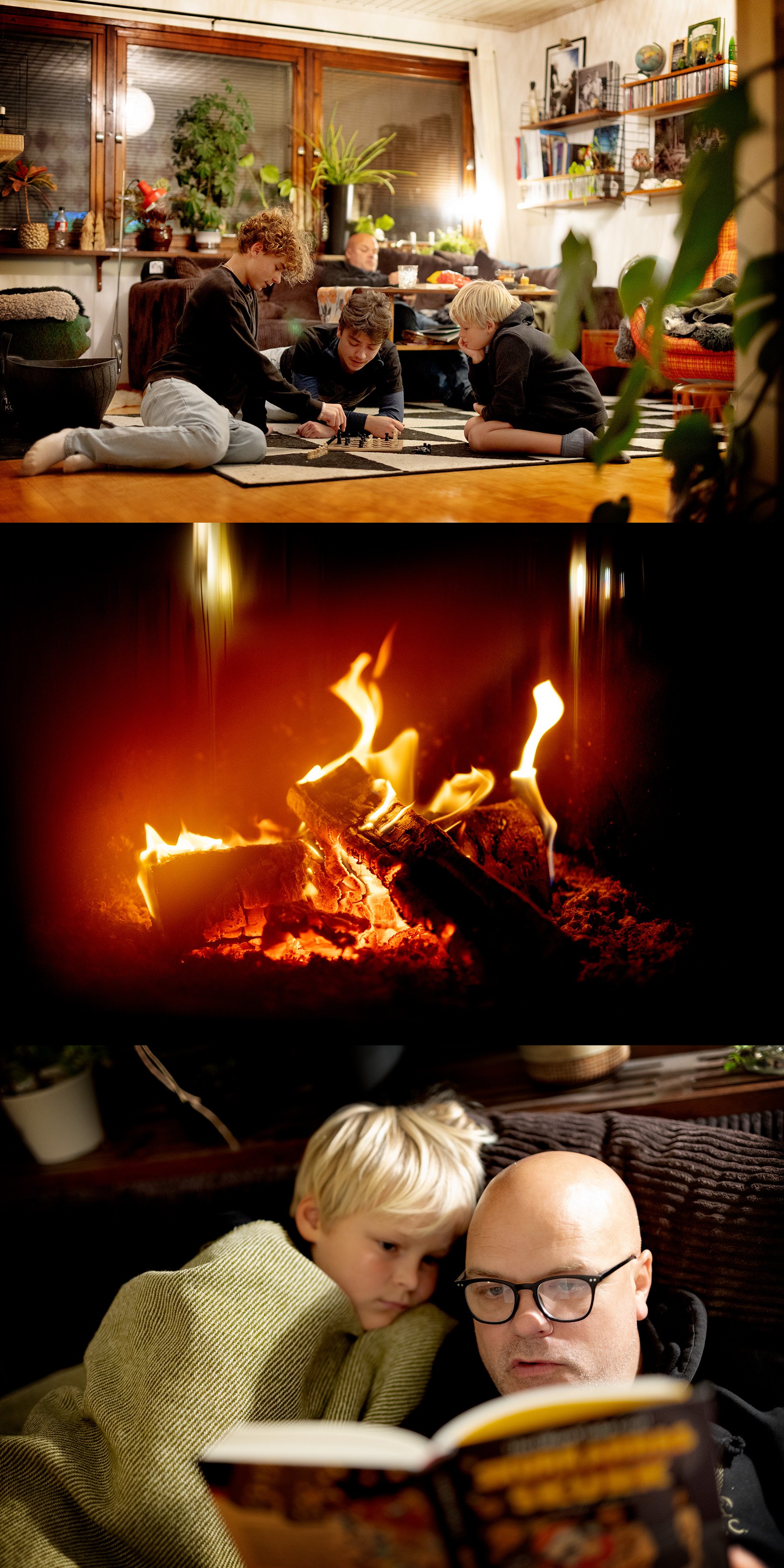 Schack och bok och brasa