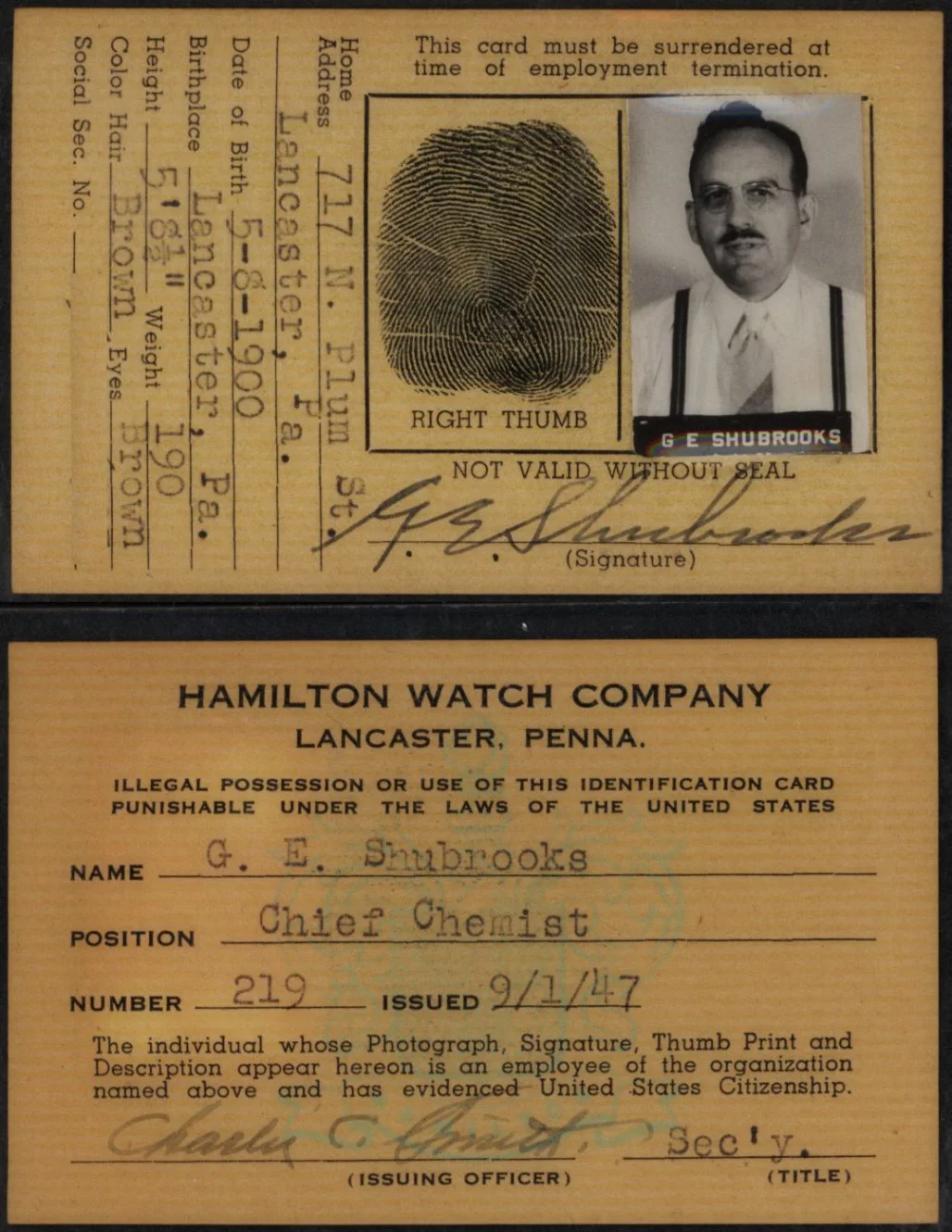 G.E. Shubrooks employee ID card. Issued 1947.