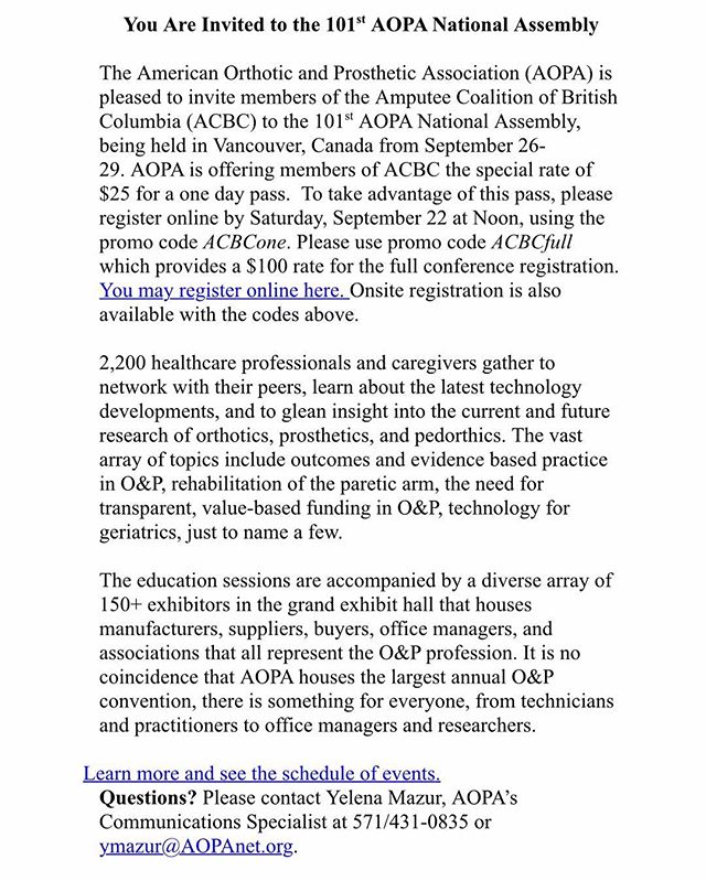 You are invited. Come and say hi next week. #aopa #amputee #amputees #amputeelife #confrence #vancouver #bc #canada #amputeecoalitionofbc #ampyoucan #september