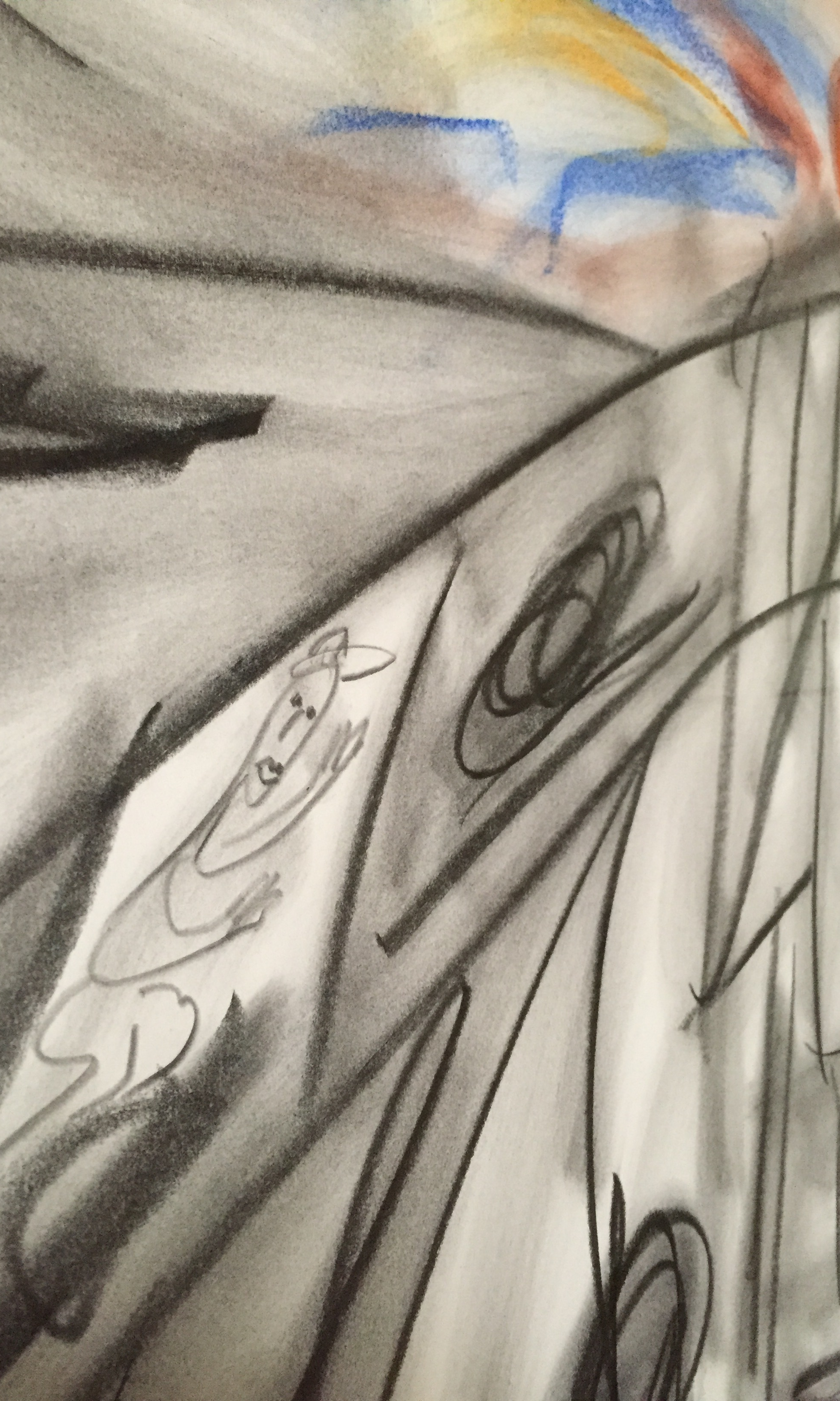 Detail of Thornton Dial Drawing | A worker (Dial?) moves up the ladder/shaft towards the sun. | Collection of Andrew and Janice Dietz