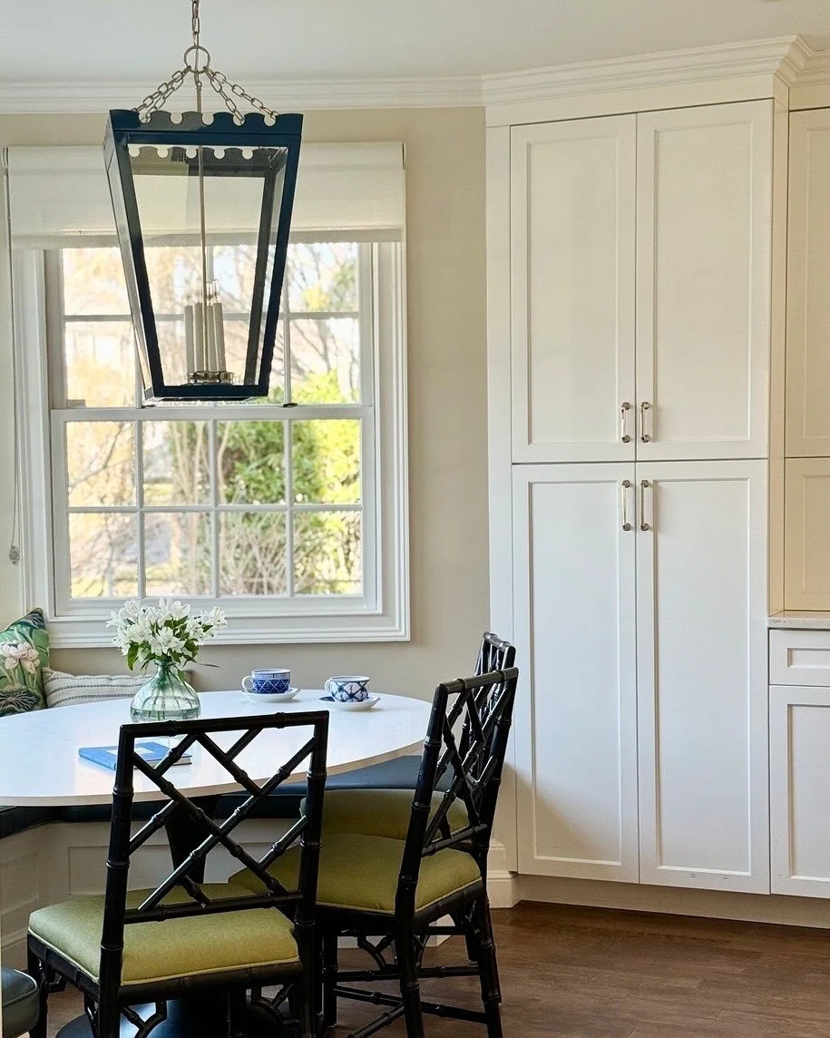 Sweet breakfast nook complete with custom banquette and dining chairs - both fully wipeable for the daily life of this young family! 
.
Never a cookie cutter solution, our designs are always inspired by and designed for the specific lifestyle of our 