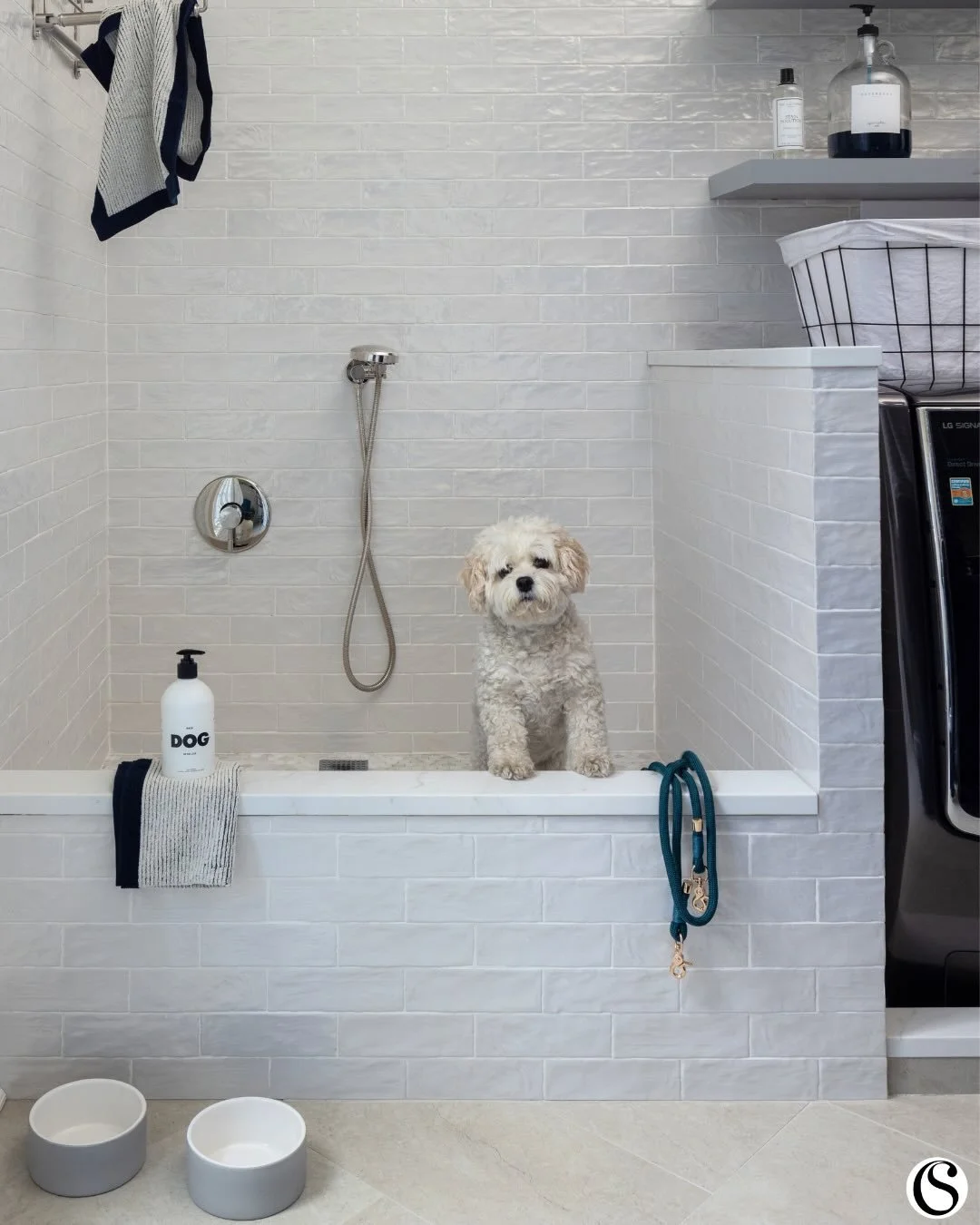 Happy National Puppy Day to our best clients (and their furry companions)! 🐾

When designing this laundry room, we knew it had to work just as hard for the four-legged family members as it does for laundry day. A built-in dog wash with a handheld sp