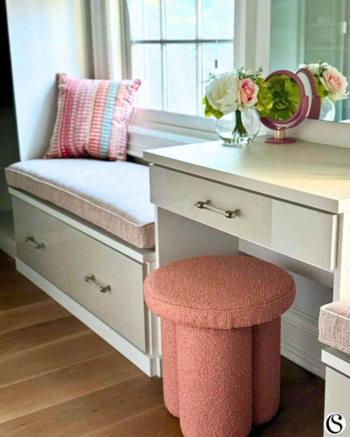 The glow after the soak. ✨ 

This dreamy vanity nook is where the ritual continues &mdash; a quiet moment to get ready, feel beautiful, and settle into your space. Soft blushed tones, custom built-ins, and every thoughtful detail designed just for yo