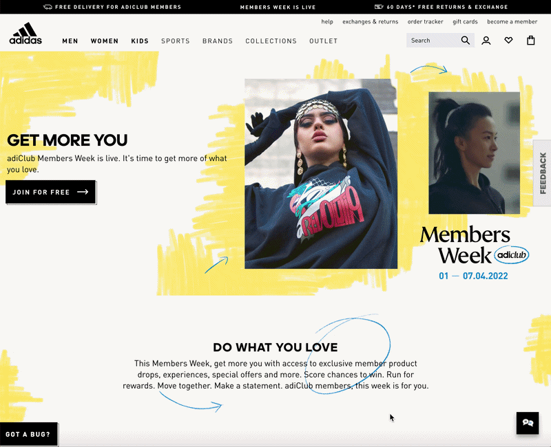 Members Week hub page masthead, statement and carousel on adidas.co.uk