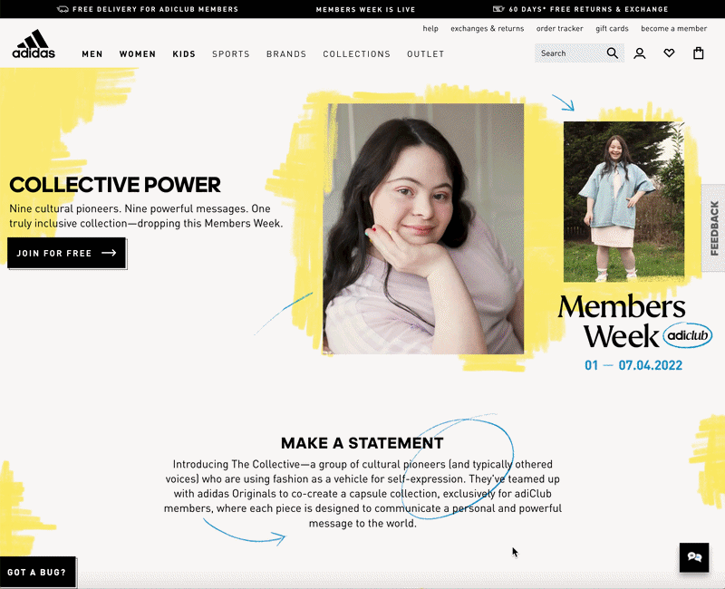 The Collective landing page masthead, statement, video, product carousel and storytelling stack on adidas.co.uk