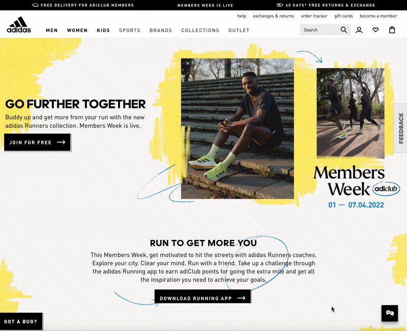 Running page masthead, statement, video, product carousel, story stacks