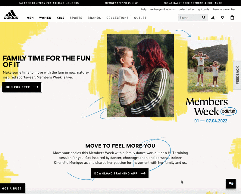 Family landing page masthead, statement, video, product carousel, story stacks
