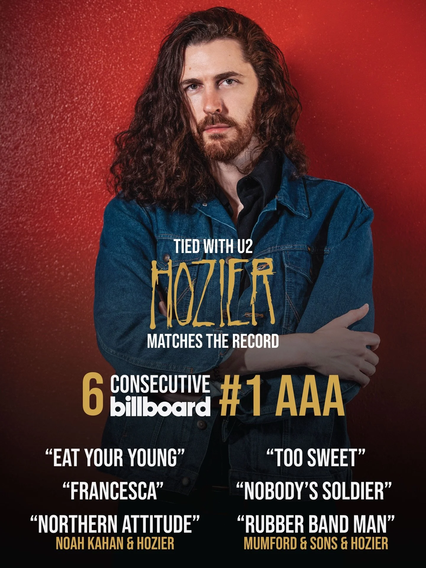 @hozier has officially tied with U2 for the most consecutive @billboard AAA #1 singles, with &lsquo;Rubber Band Man&rsquo; now joining the list 🎉