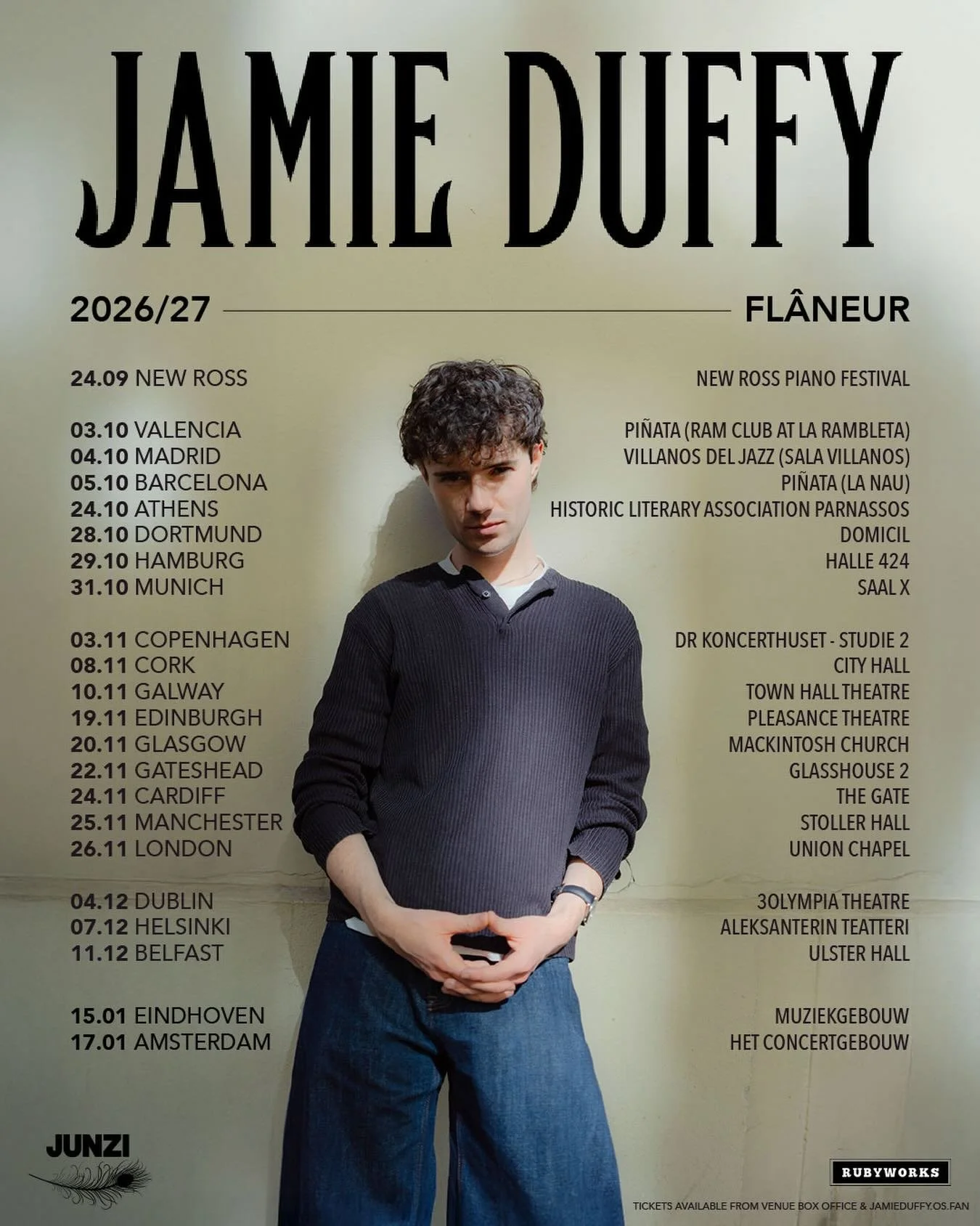 @jamieduffyy has announced his upcoming tour &lsquo;Fl&acirc;neur&rsquo;. ✨ 

Signup for presale now through the link in bio 🎟️
General Sale: May 7th at 10am GMT+1 🎟️