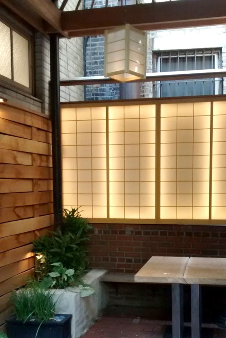  Shoji light wall and woven cedar fence. 