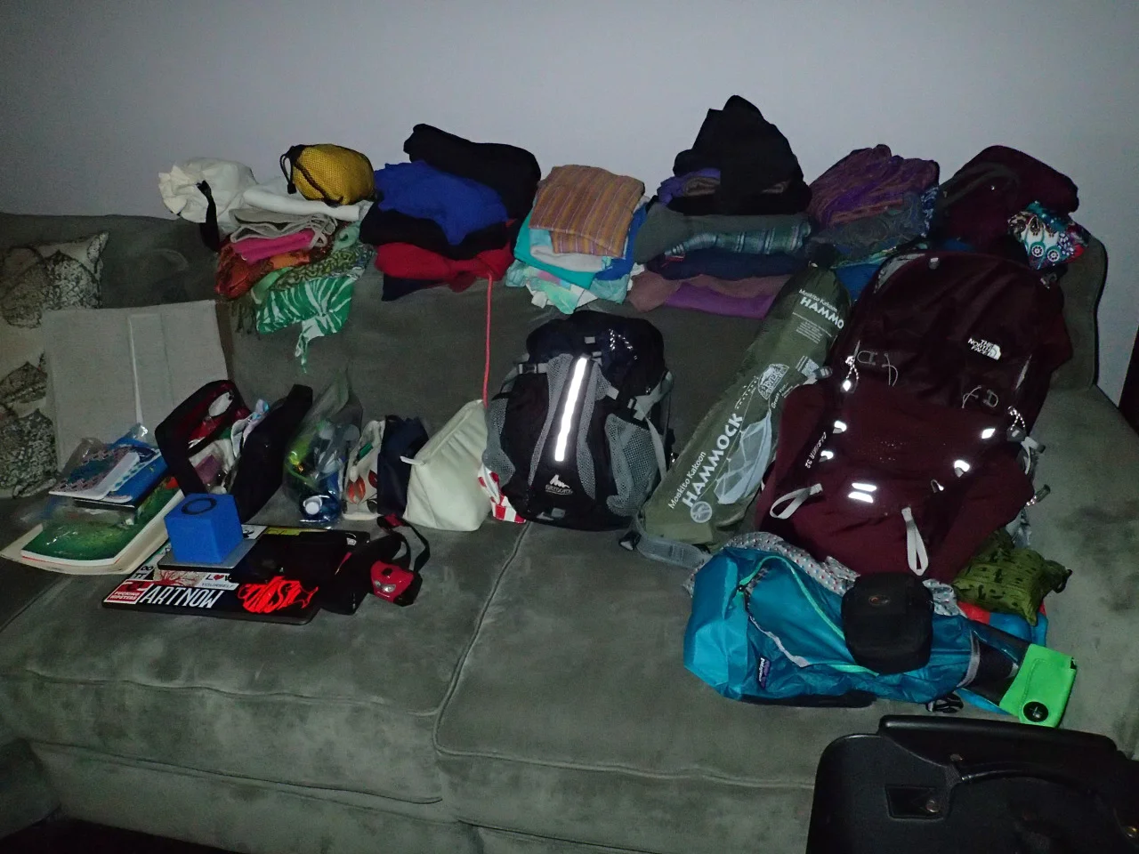 Packing list and…. I’m ready!
4 scarves/fabrics
1 hoodie
1 raincoat
5 long sleeve shirts
4 tank tops
4 t-shirts
1 pair of jeans
4 Indian pants
4 leggings
4 nice shirts
10 underwear
4 bras/bathing suit tops
2 actual bathing suits
5 socks (3 short, 1 long cotton, 1 long wool)
Art supplies
Journals
Computer
Phone
Camera
Ipod + headphones + mini-speaker
Kindle Paperwhite
Hard drive
Cables
Headlamp
Tool kit- scissors, tweezers, nail clipper, nail file, safety pins, sewing kit
Water purifying kit
Toiletries
1 small blow-up pillow
Sleeping bag
Folding hanging closet (see photo of hut all set up)
1 medium suitcase
1 32L backpack
1 daypack
4 scrunch bags of varying sizes and shapes