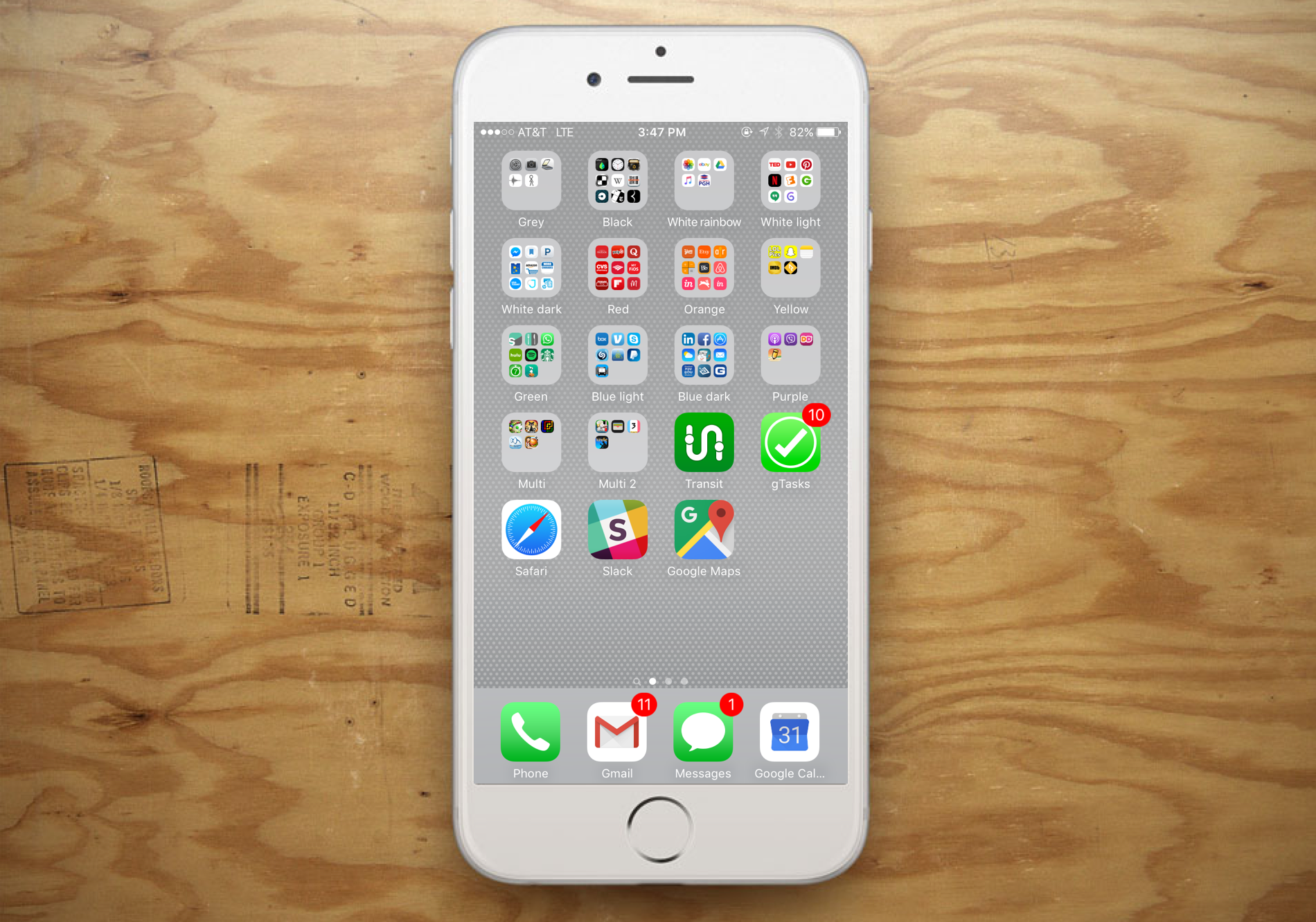 My iPhone home screen -- I promise you, it's life-changing to organize your apps by color.