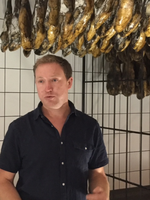 Jago Chesterton explaining the Jamón curing process at 5 Jotas.