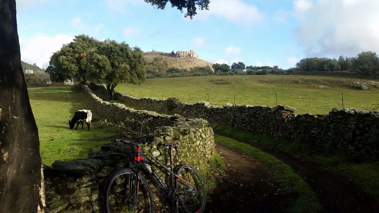 This is one of the eBikes which you can hire in Aracena. The castle of Aracena is in the background.