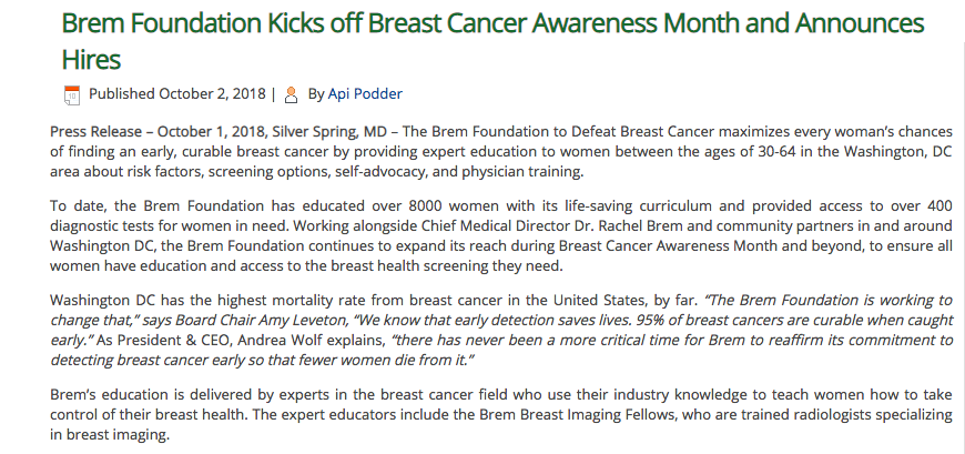 Brem Foundation Kicks off Breast Cancer Awareness Month and Announces Hires