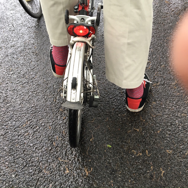 Say what you want about his writing, Stu Bykofsky upped his sock game on Saturday's ride, even matching up his footwear with his red Brompton folder bike.