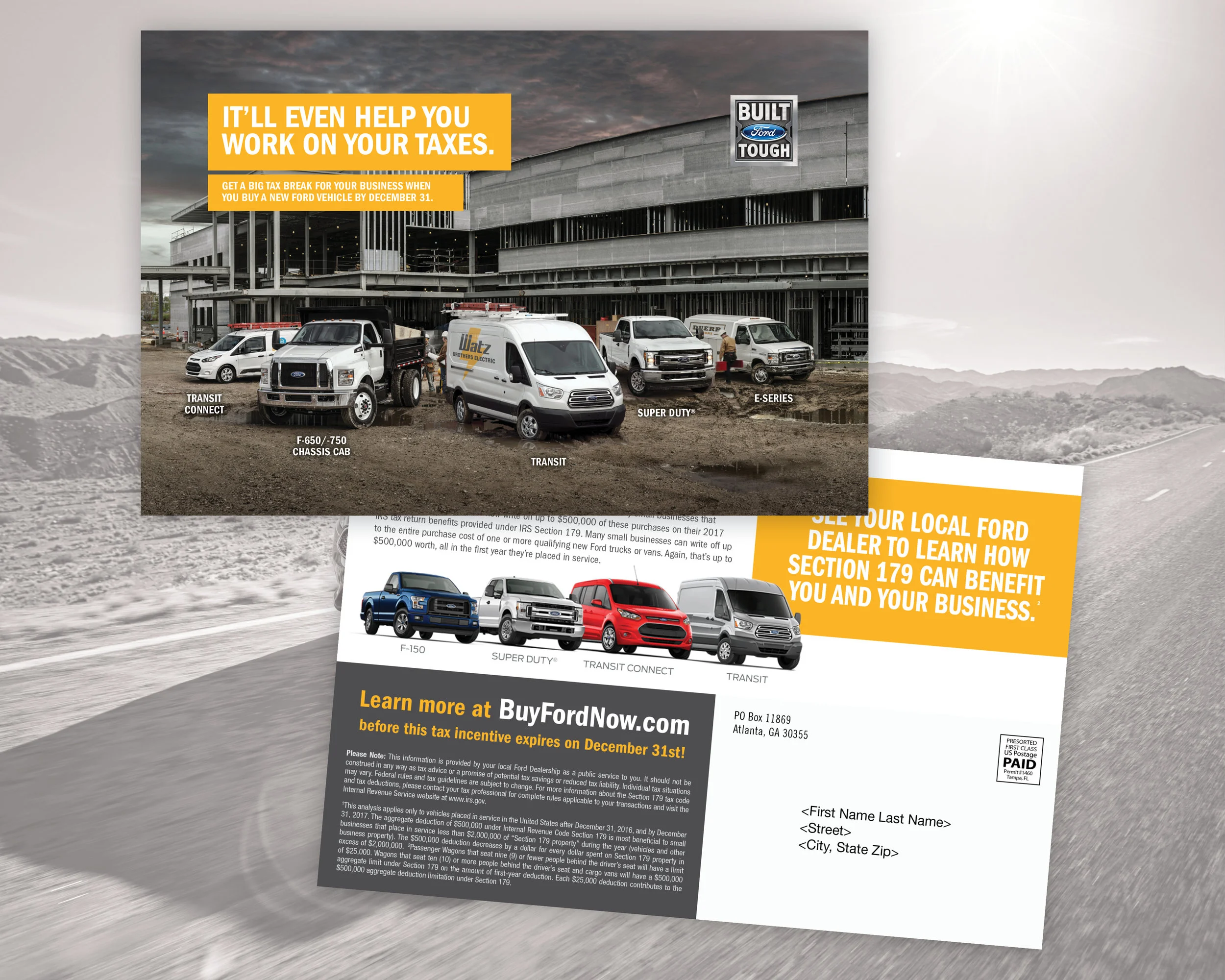  Postcard Self-Mailer for an annual tax incentive, geared toward Ford commercial vehicles 