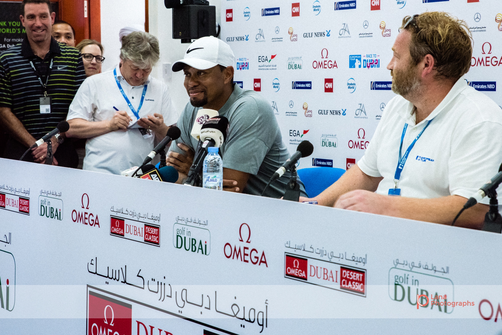 Tiger Woods speaks at his first appearance during a press conference in February 2017 at the Omega Dubai Desert Classic