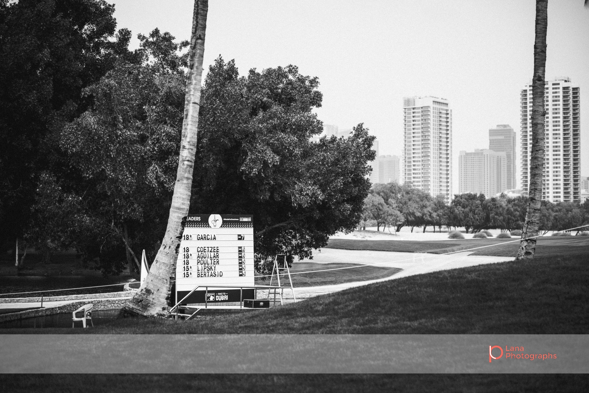 Score board at the Omega Dubai Desert Classic during Day 1