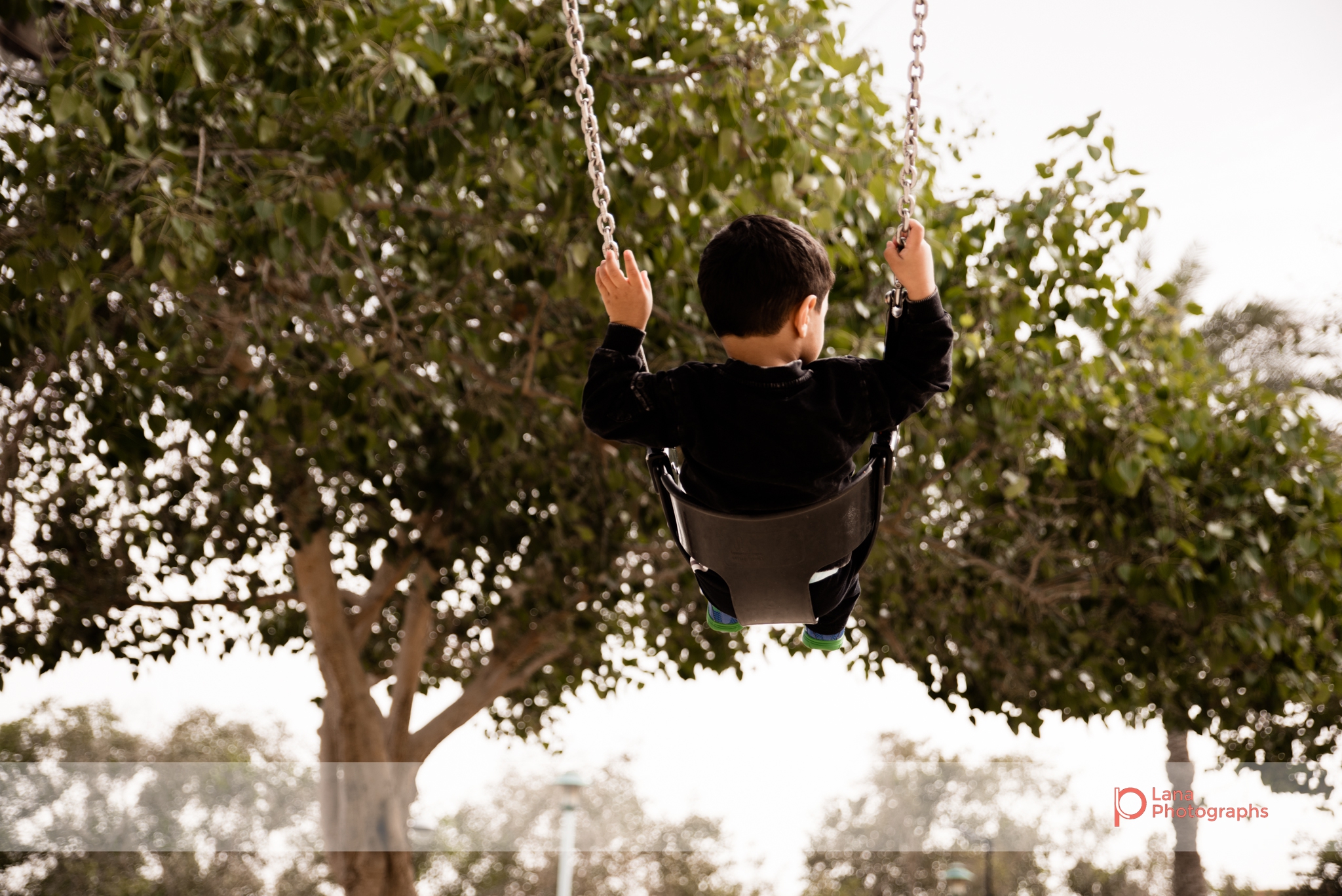 Dubai Family Photographer little boy swinging on the swings with his back to the camera in Umm suqeim park Dubai