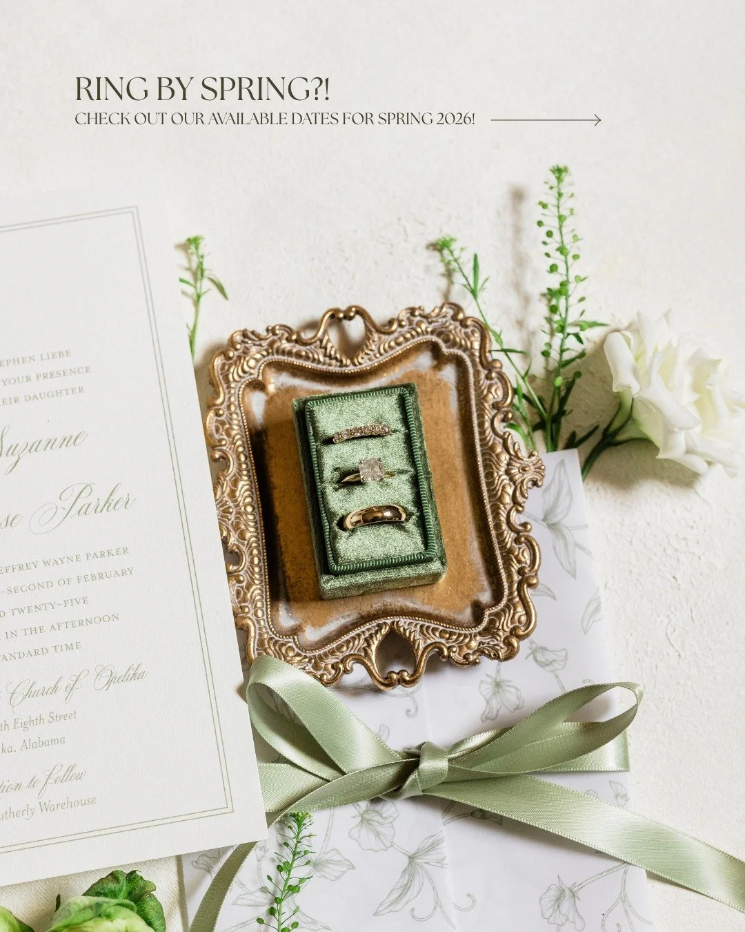 Dreaming of a Spring Wedding? 💍

Take a look at the dates still available at The Southerly Venues&mdash;don&rsquo;t wait, they&rsquo;re going fast! 

Visit the link in our bio to schedule a tour or give us a call at 334-610-1250!