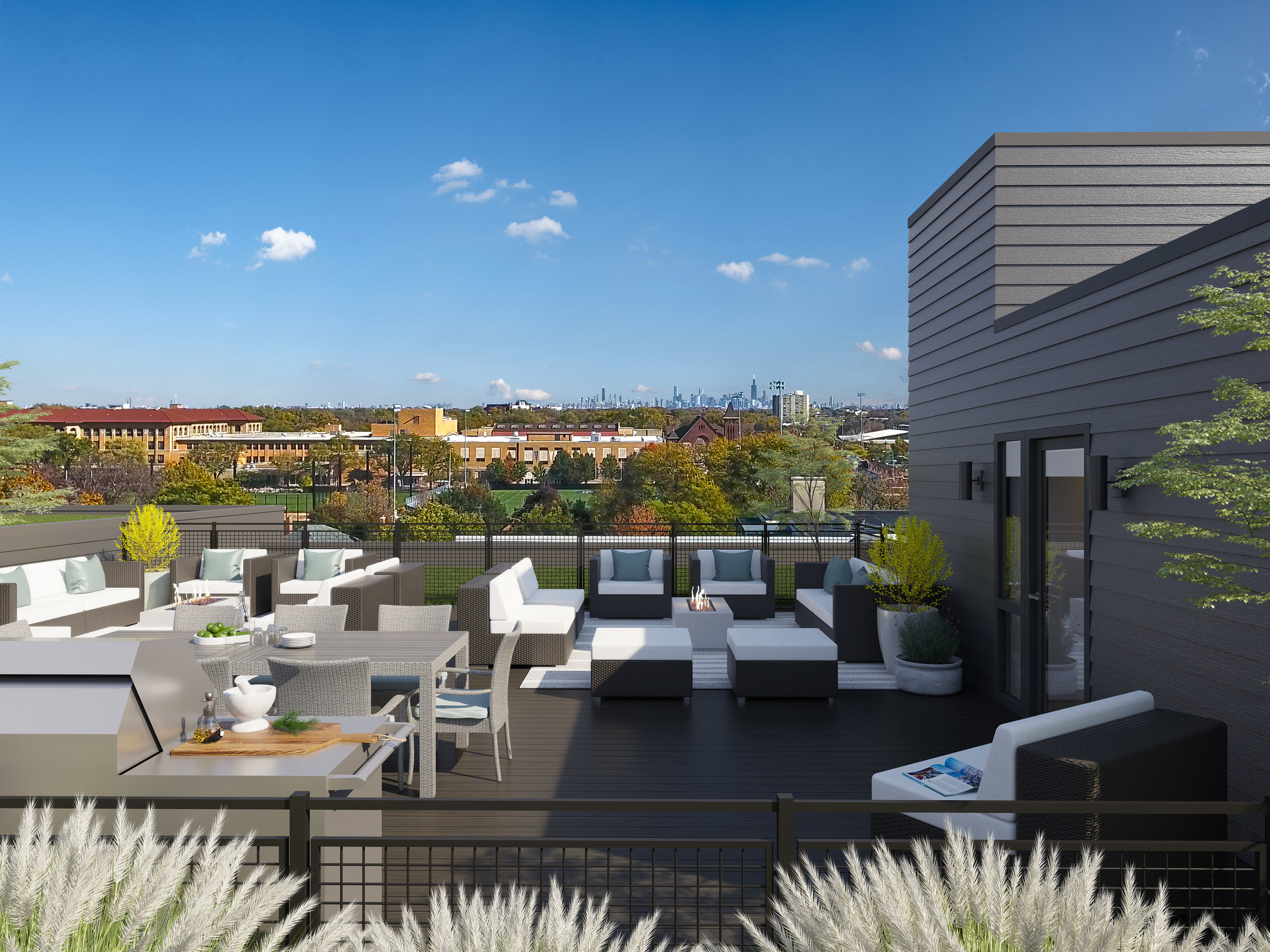 A rendering of the rooftop living space with the Chicago skyline to the east