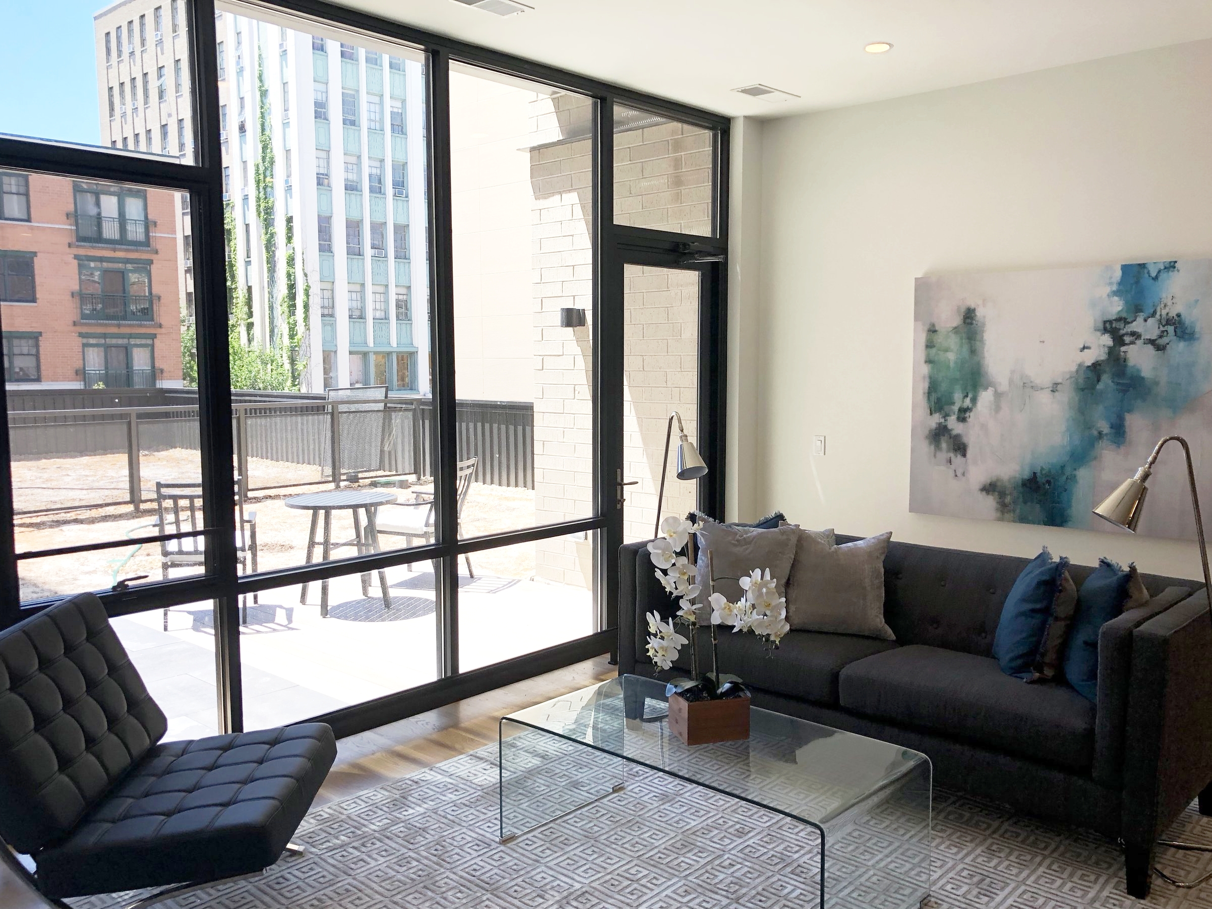 Terrace Unit 207 living area with the Omni Ecosystem green roof installation in the background 