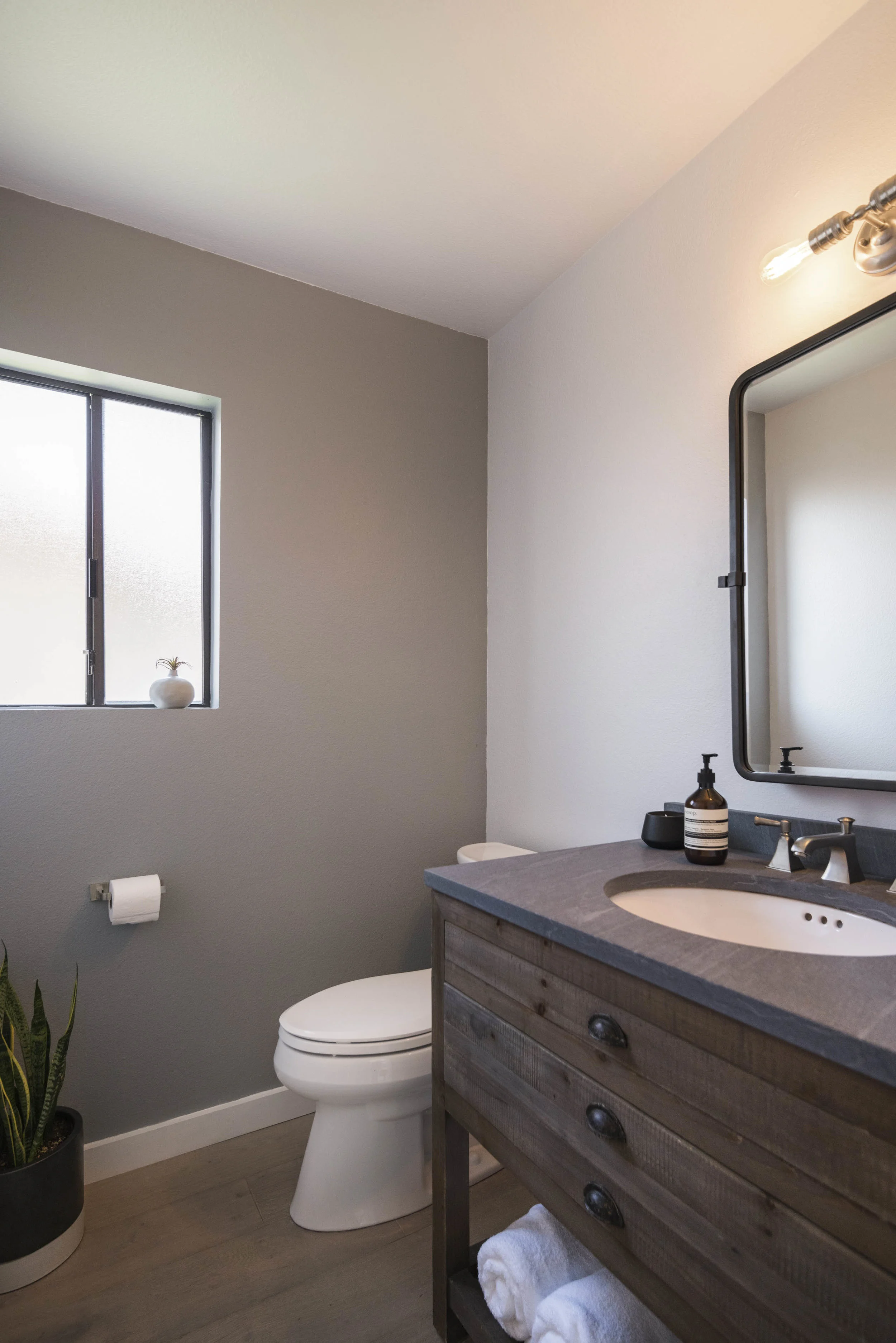 Modern rustic powder room restoration hardware