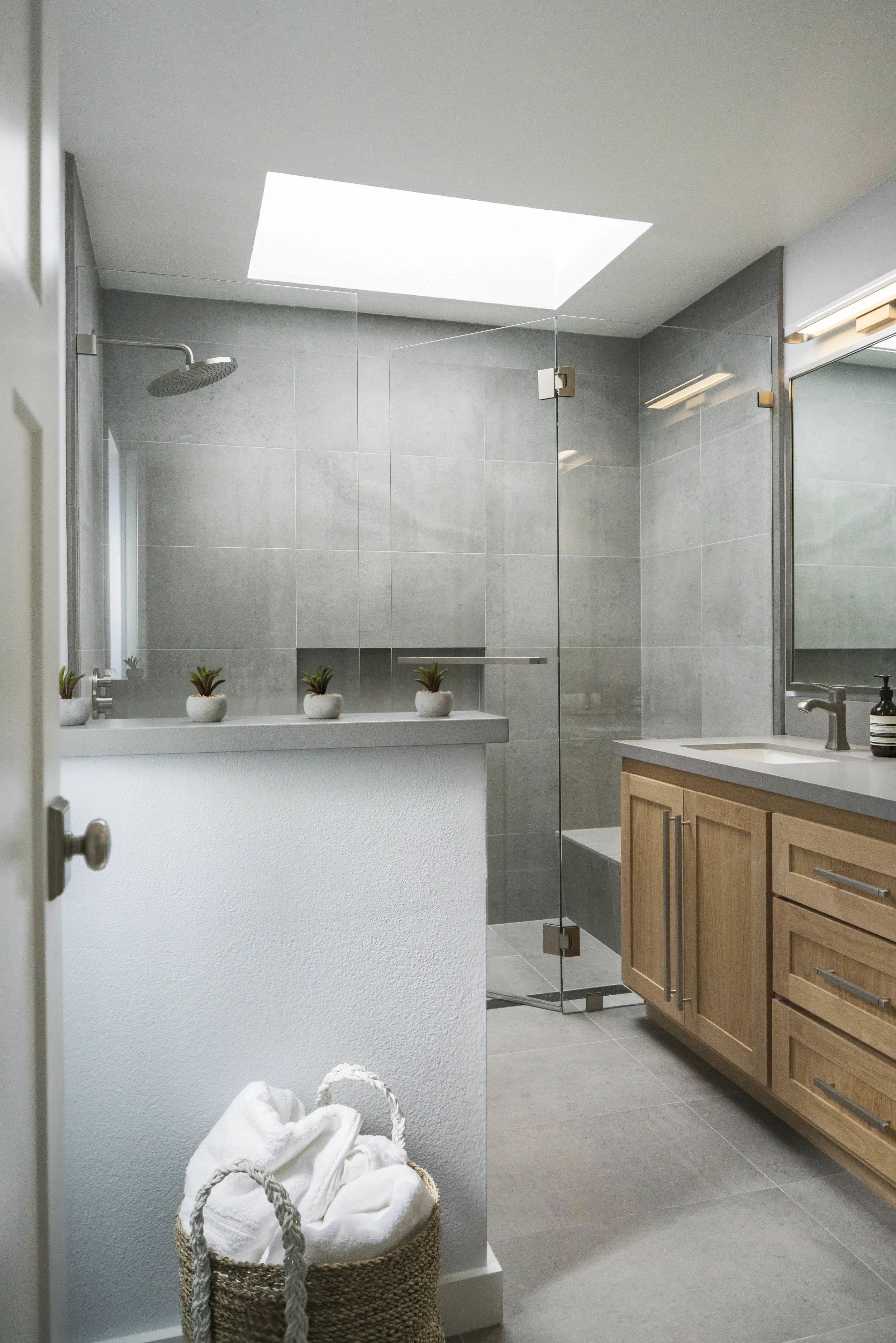 modern grey minimal master bathroom remodel