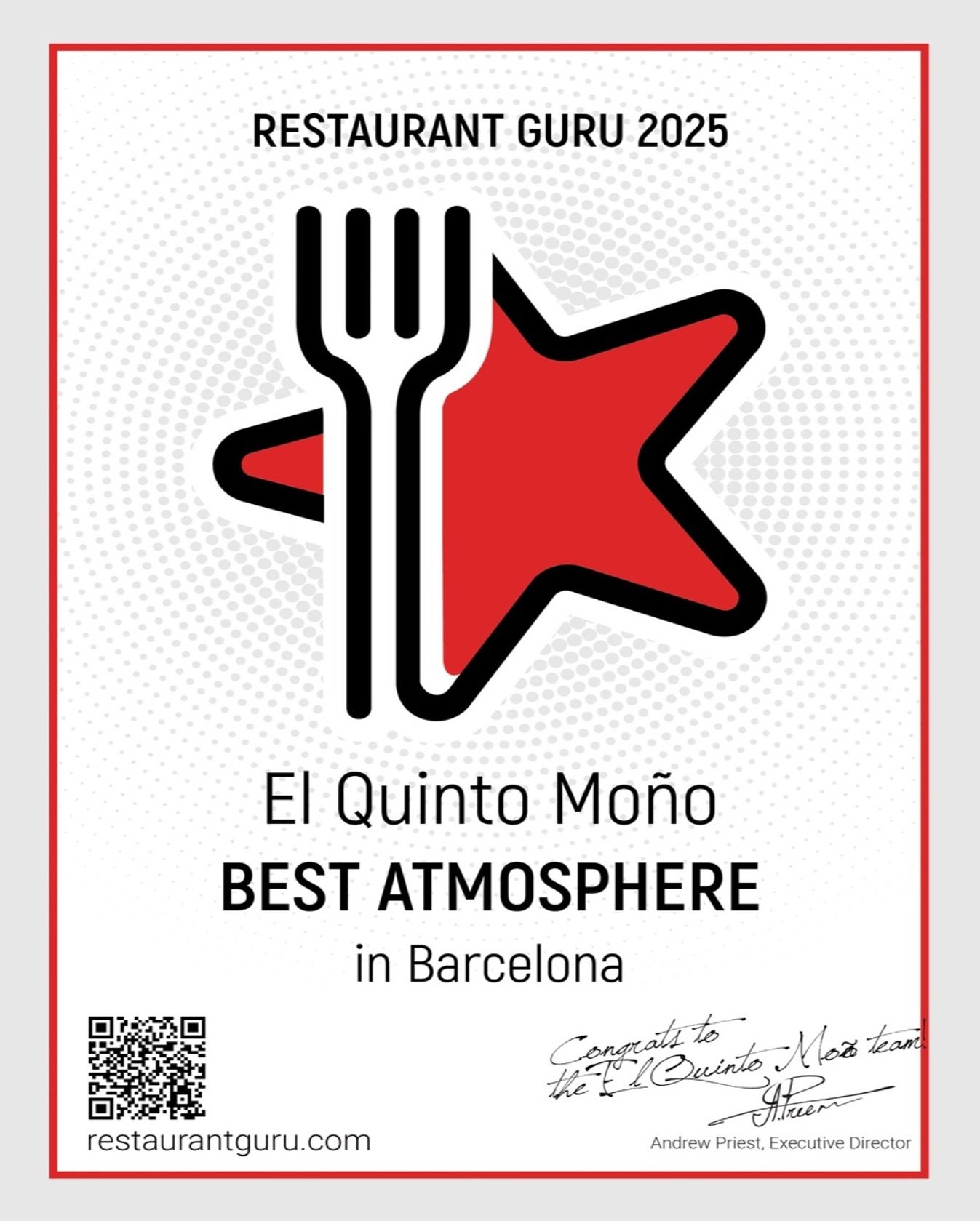 Hemos sido reconocido por Restaurant Guru 2025 con el premio al MEJOR AMBIENTE  en Barcelona. Si ya viniste, sabes que aqu&iacute; no solo se toman buenos tragos, &iexcl;se viven momentos &uacute;nicos! ✨🍸🎶 
Gracias a ustedes  por hacer de El Quint