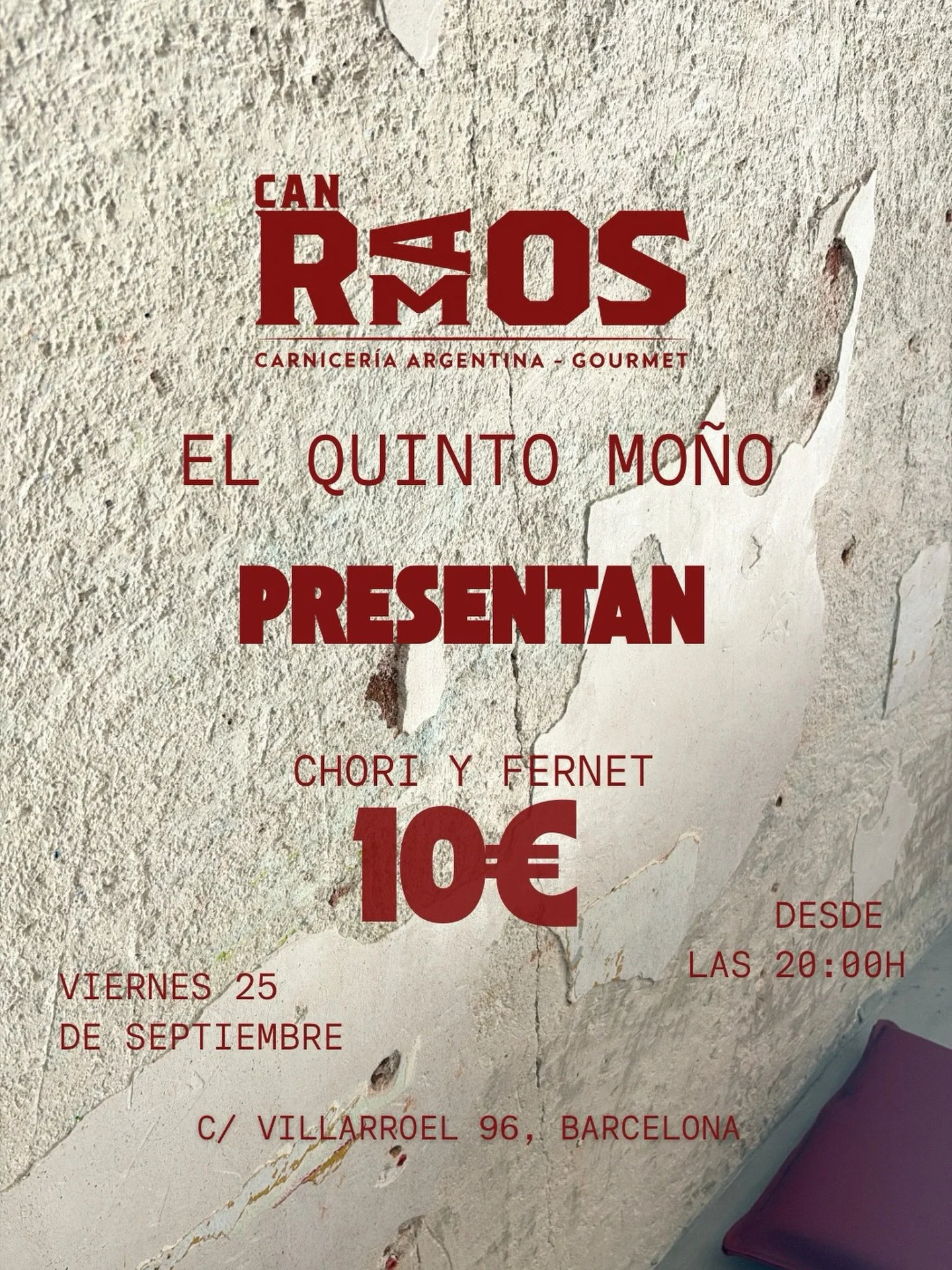 Este viernes 25 hay plan.
Fern&eacute; en una mano. Chori en la otra. 
El cl&aacute;sico argentino llega al Quinto por 10&euro;.
Junto con nuestros amigos de Can Ramos.

Despu&eacute;s no digas que no te avisamos.

&hellip;

This Friday, we&rsquo;ve 
