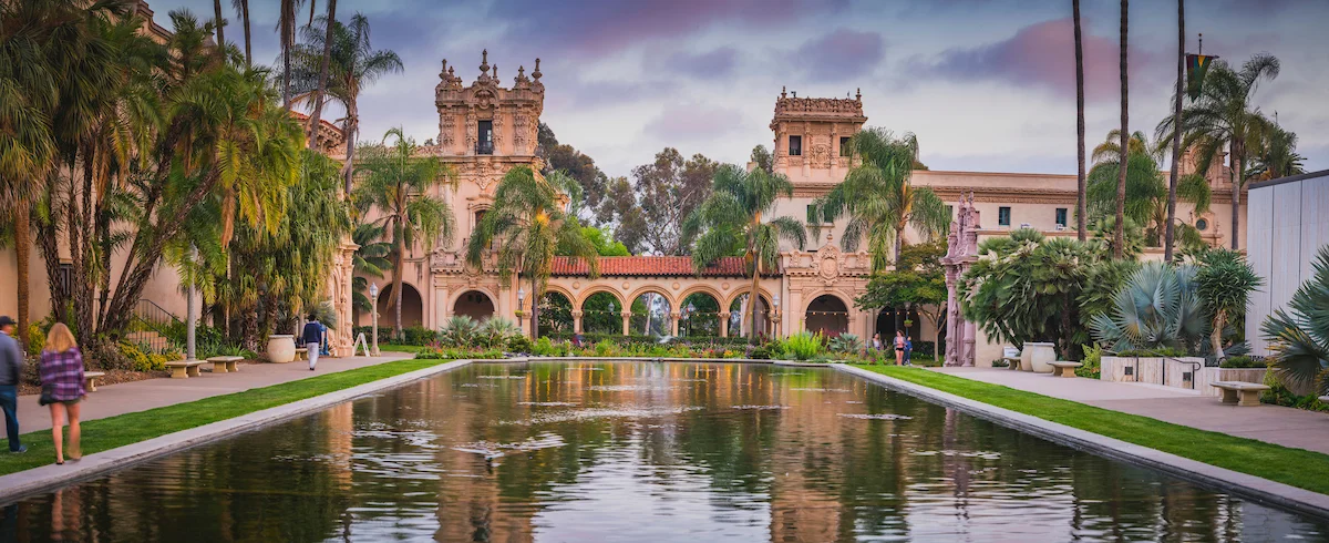 Balboa Park reflecting pool and Botanical Building at dusk, San Diego, California