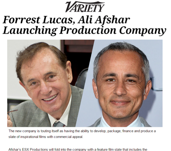 Forrest Lucas, Ali Afshar Launching Production Company Forrest Lucas, founder and owner of Lucas Oil Products, has teamed with actor-producer Ali Afshar to launch the production company ESX Entertainment. The new company is touting itself as having the ability to develop, package, finance and produce a slate of inspirational films with commercial appeal.