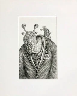 Uncle Aspersum is Tired of These Cheloniial Whippersnappers Emek archival ink on archival paper 16 x 13 x 1 (framed) $750